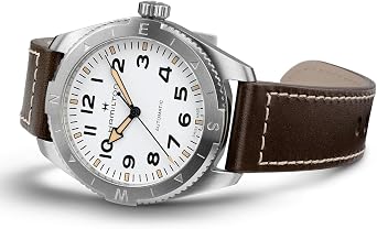 Hamilton Khaki Field Expedition Automatic Men's Watch, 41mm Stainless Steel Case, Swiss Made, White Dial Analog Wrist Watch, 100m Waterproof, Sapphire Crystal, 3-Hand Movement, Cow Leather Strap