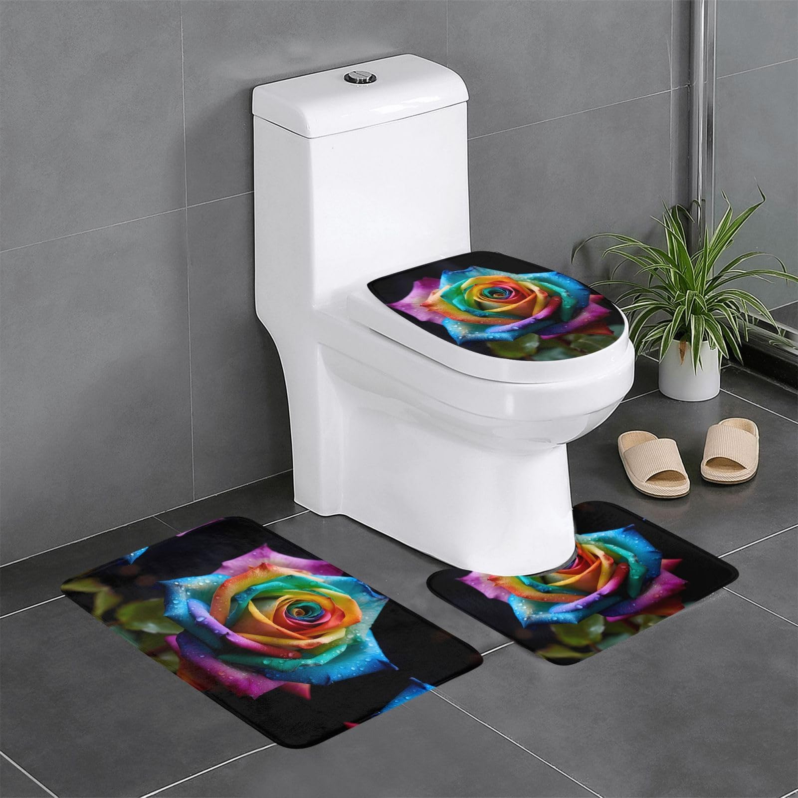 Tapis de salle de bain antidérapants 3 pièces motif rose arc-en-ciel