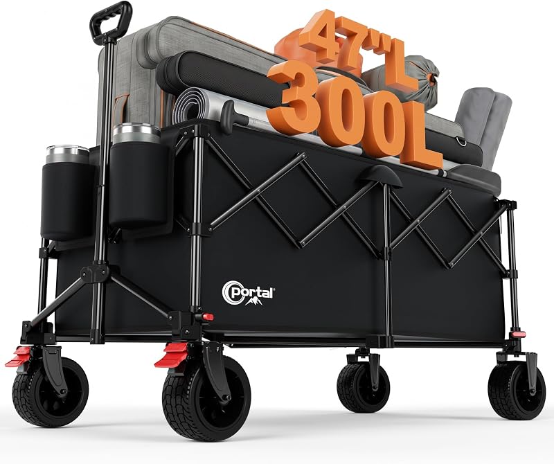 Portal Ultra Compact Folding Wagon Cart with Brakes, 300L Large Cart | Portable Outdoor Design; Durable Construction; Easy Setup & Storage; Color: Black