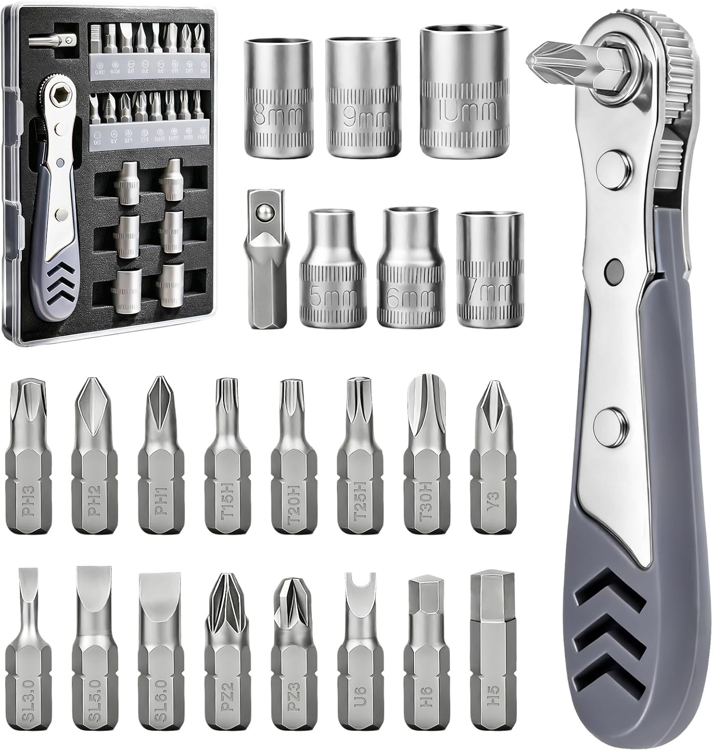 24in1 Right Angle Screwdriver, 36-Tooth Magnetic Ratchet Wrench, Low Profile Offset Tool for Tight Spaces, Ideal Gift for Men Dad Husband, Electronics and Car Repair Kit