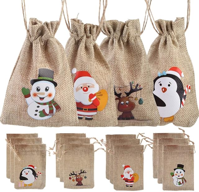 LOKIPA 12 Christmas Jute Burlap Gift Bags Pouches with Drawstring Small Candy Bags for Xmas Favors