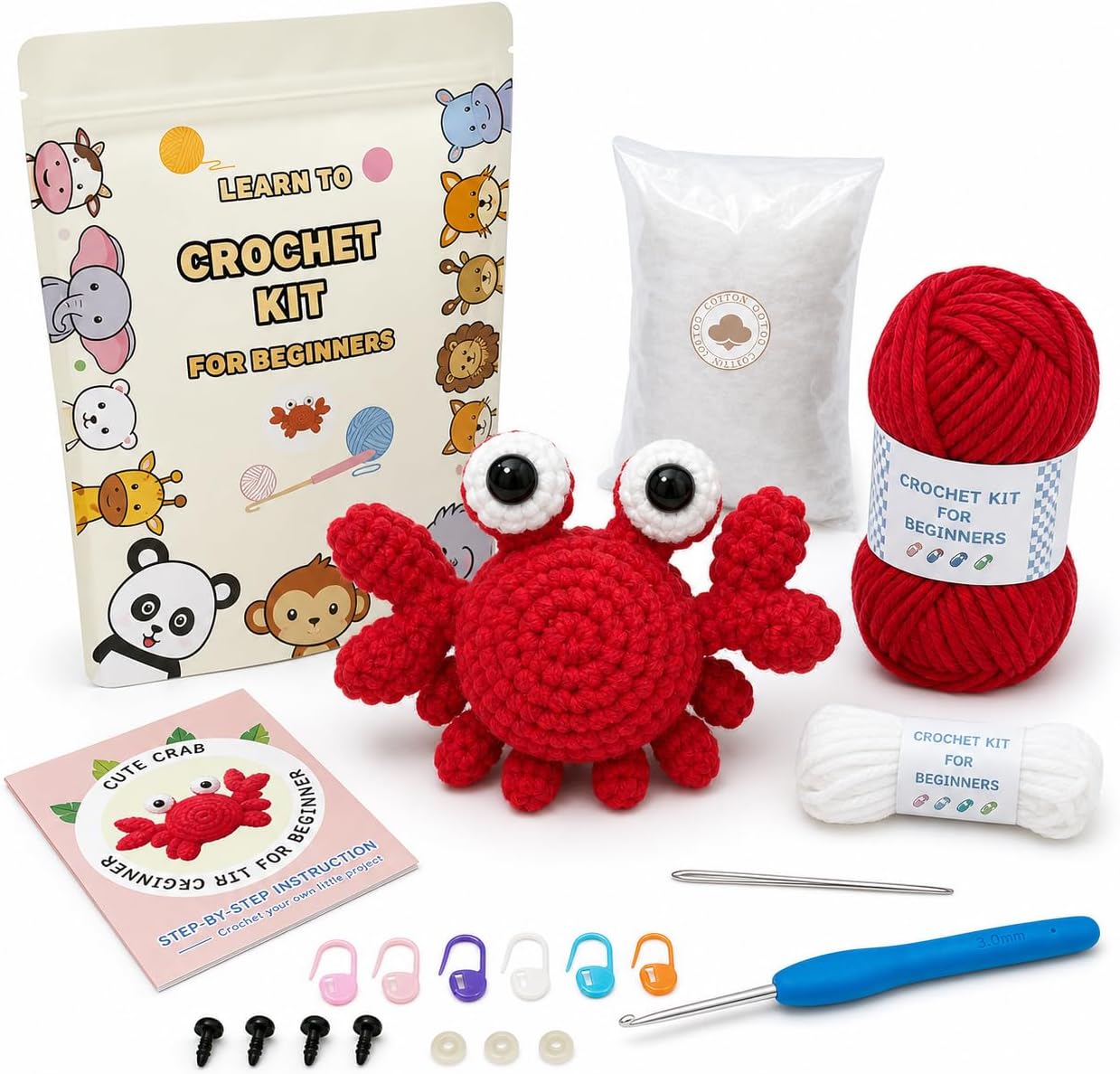 Kovarela Crab Crochet Kit for Beginners, Easy Amigurumi Starter Kit with Step-by-Step Video Tutorials, Yarn, Hook, Stuffing and Tools, Cute DIY Craft Gift for Kids and Adults