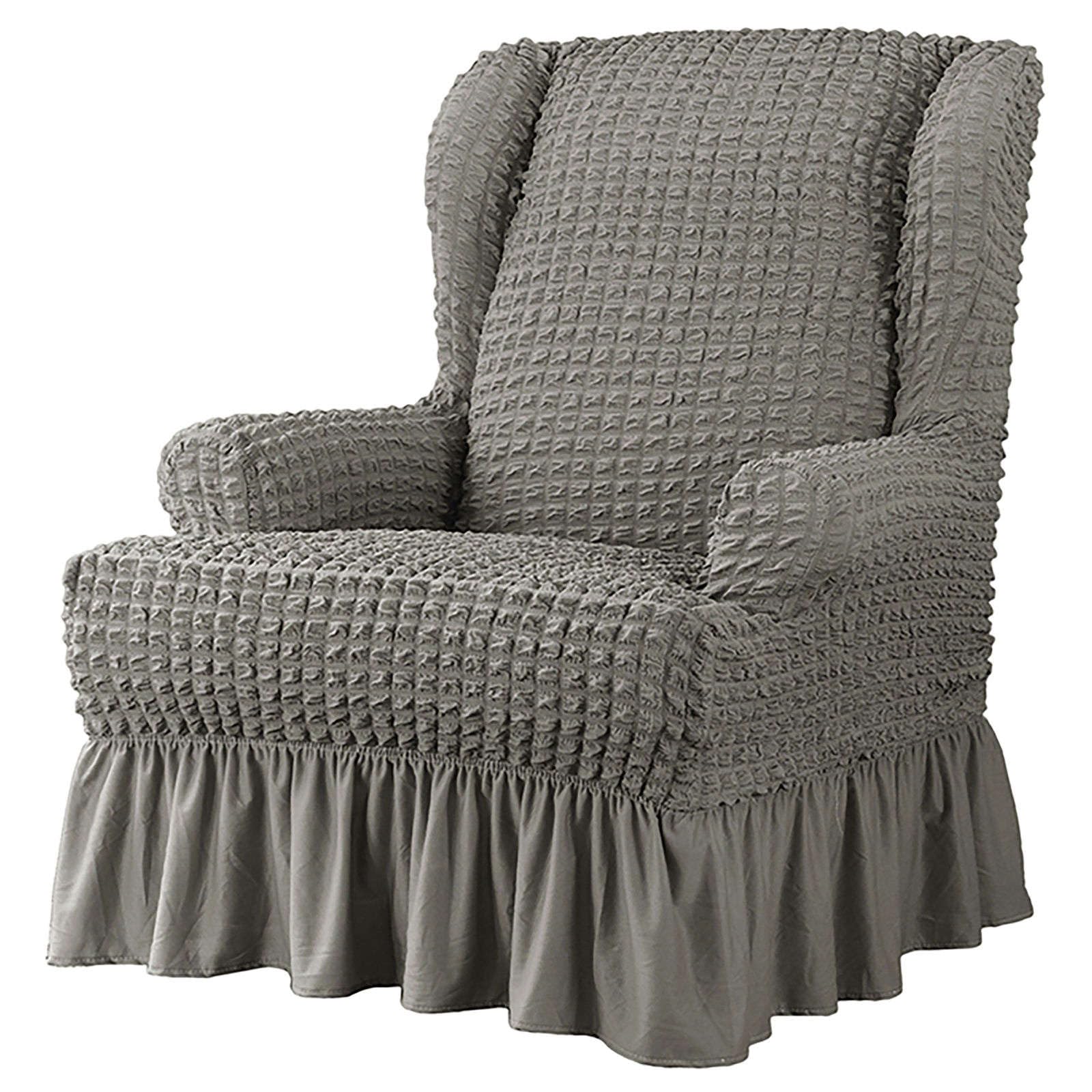 Funda de sillón orejero en tejido seersucker elástico y lavable color gris claro