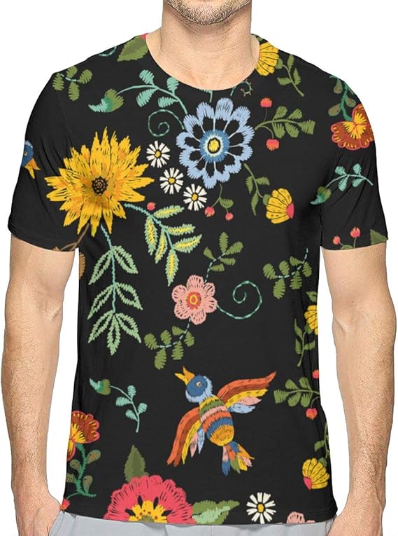 Amazon 鳥の花刺繍メンズクルーネックtシャツコットン半袖tシャツ Tシャツ カットソー 通販