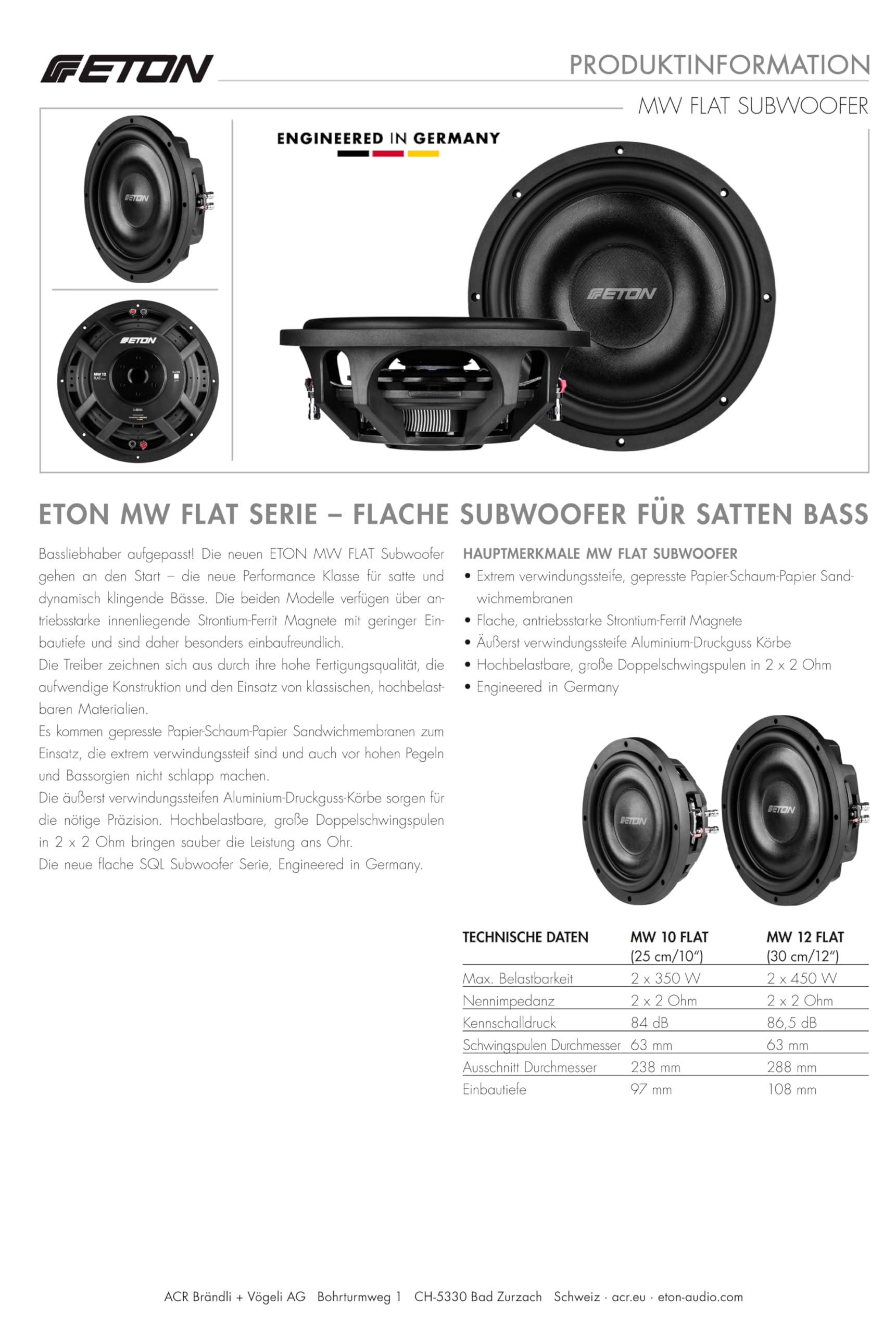 Eton MW 12 Flat - Potente subwoofer plano de 30 cm / 12 pulgadas, graves de carrera larga para coche, altavoz de graves con imán de neodimio, 2 bobinas de voz doble de 2 ohmios, 2 x 450 W, 1 unidad