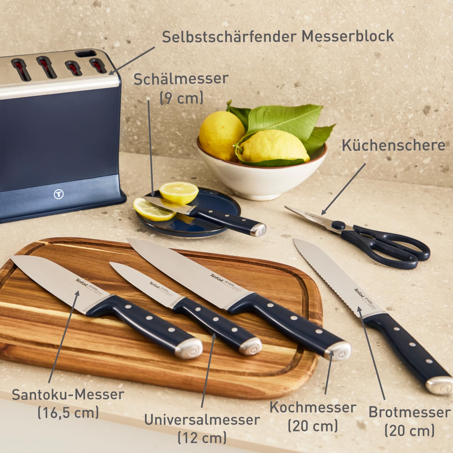 Tefal EverSharp Pro 6-teiliger Messerblock, patentierte Schärftechnologie, selbstschärfend, Verriegelungssystem, deutscher rostfreier Edelstahl, für Gemüse, Fleisch & Brot, Blau, K297S744
