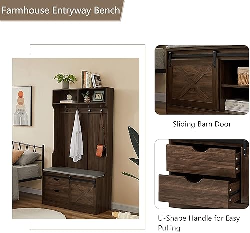 Miniatura 3 de Betoko Árboles de pasillo con banco y percheros, banco de entrada de 71 pulgadas con puerta corrediza de granero, banco de almacenamiento de madera