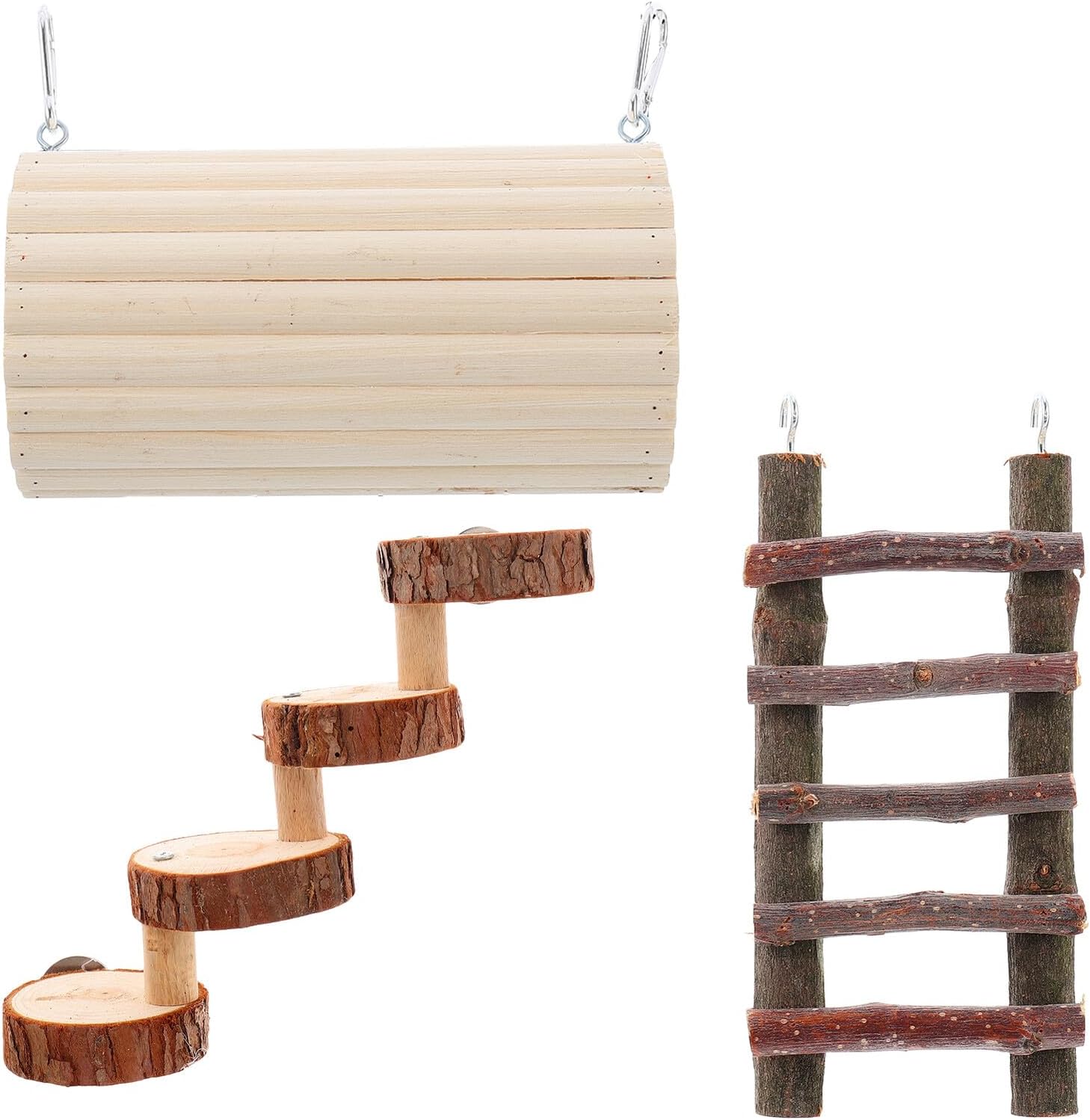 VICASKY 3PCS Wooden Hamster Set with Ladder Tunnel and Step for Hamster Squirrel Chinchilla Natural Safe Chew Hideout Accessories for Small Pets Exercise and Entertainment
