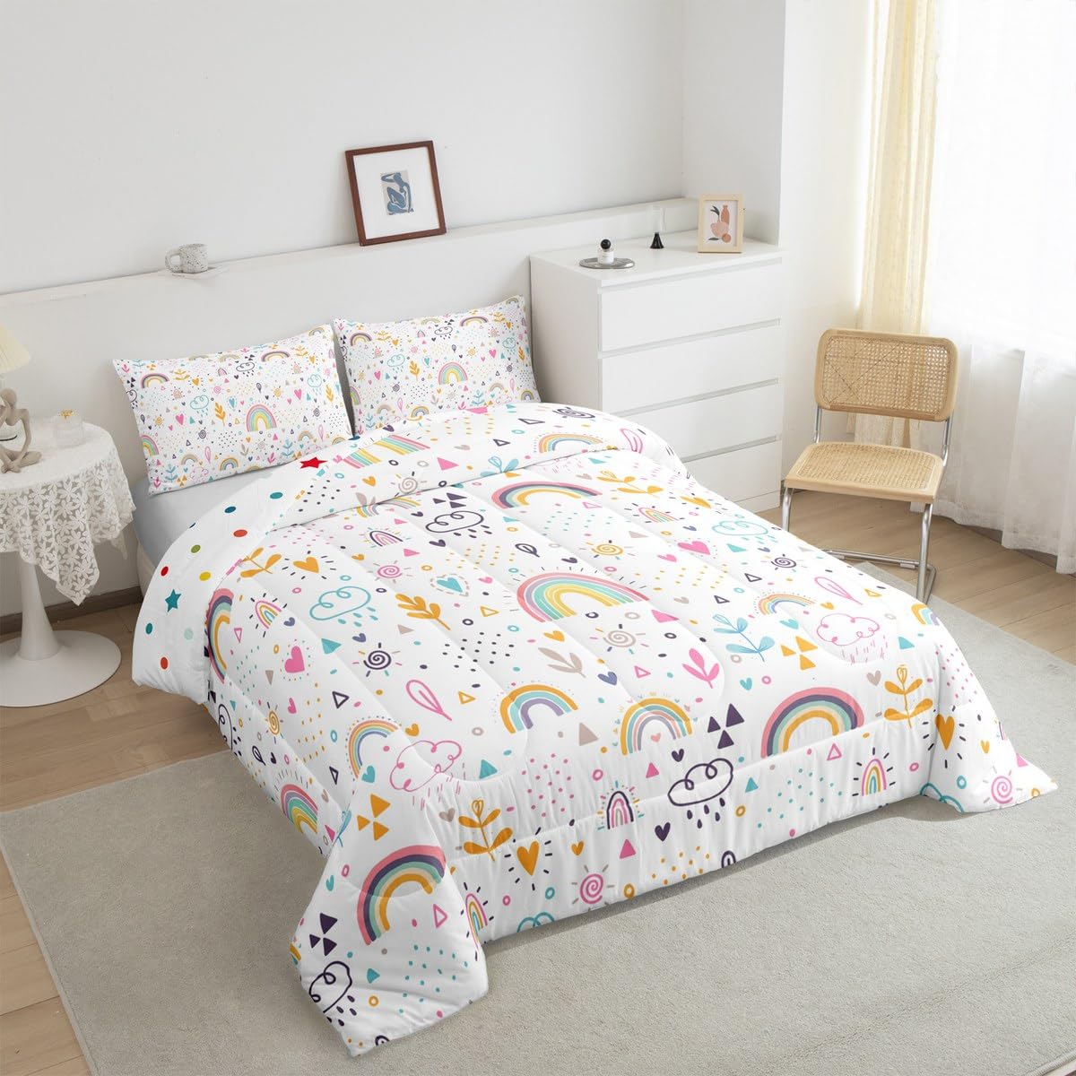 Child Boho Rainbow Comforter Set King Size Kids Girls Floral Leaves Bedding Set 3Pcs Cartoon Pink Blue Cloud Dots Quilt Set Teens Women Room Decor Botanical Bright Duvet Insert,2 Pillowcase