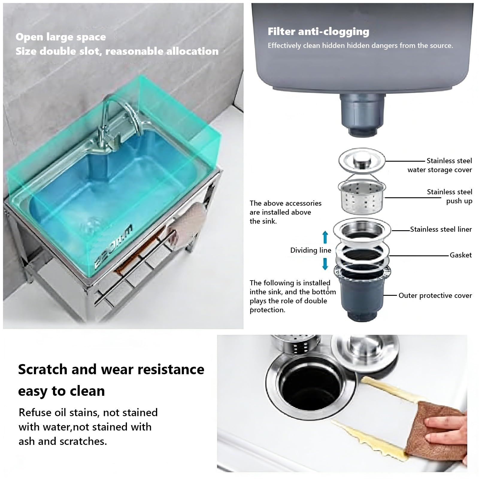Évier de Cuisine Professionnel en Acier Inoxydable à Une cuve, modèle autoportant avec Robinet d'eau Chaude et Froide, pour buanderie extérieure, Bar ou Restaurant.