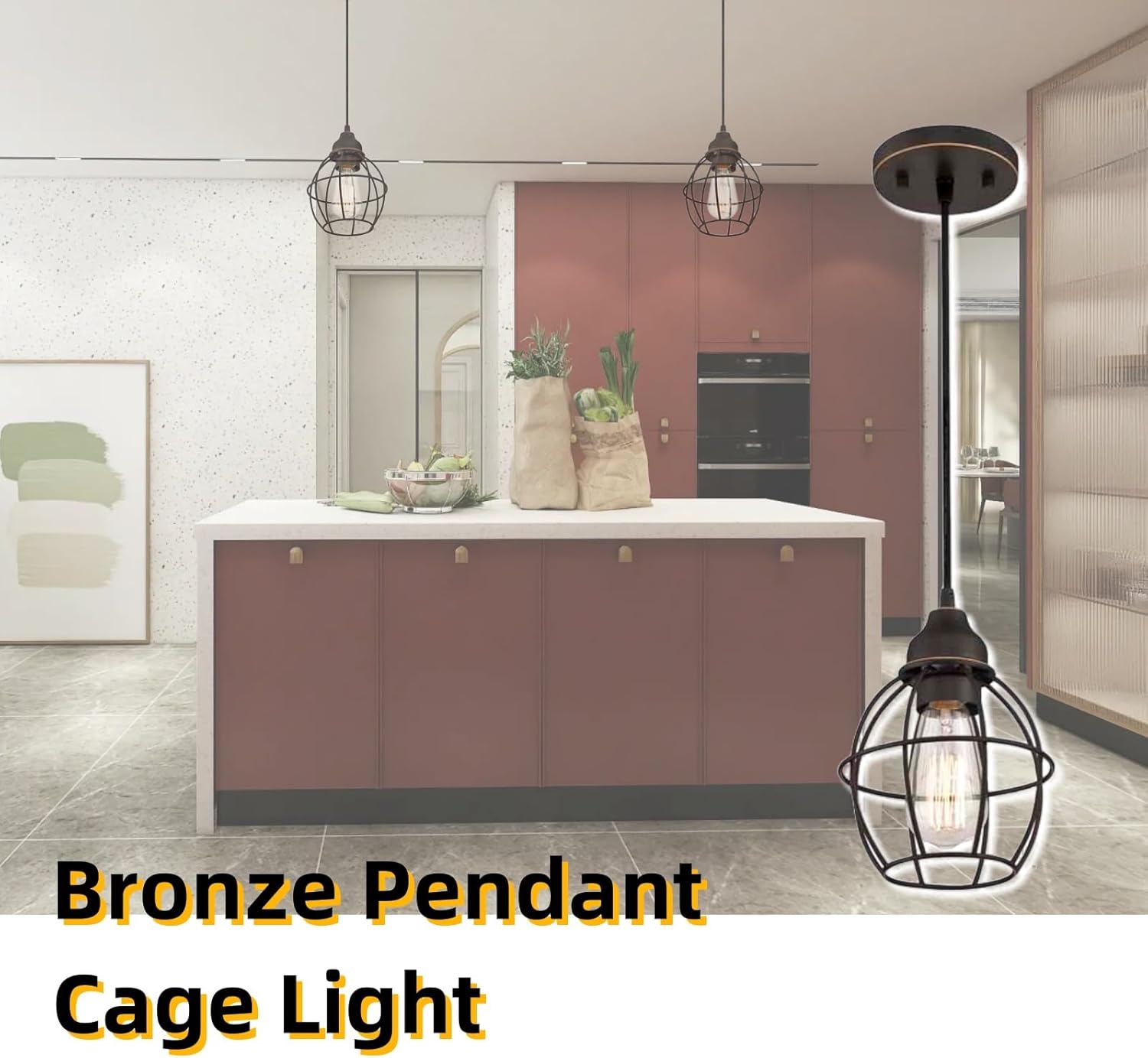 WISBEAM Oil Rubbed Bronze Pendant Lighting Fixture with Brass Edge, Hanging Kitchen Lights with E26 Medium Base Max. 60 Watts, Bulbs not Included, 1-Pack