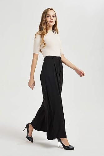 Miniatura 3 de Tronjori Pantalones largos palazzo de pierna ancha casual de cintura alta para mujer, tamaño regular