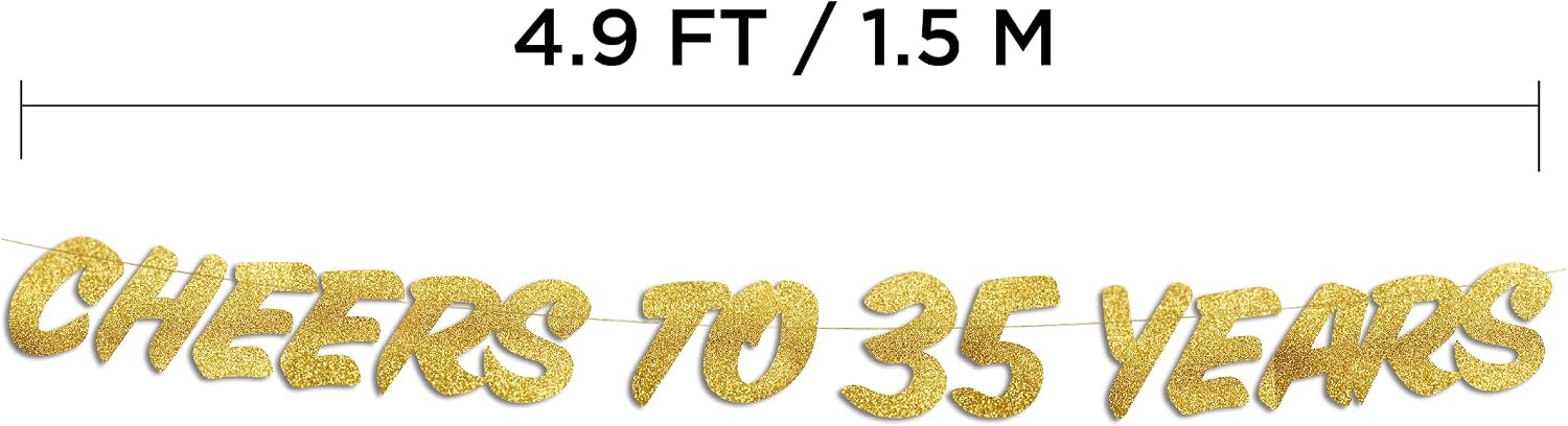 Pre-Strung Cheers to 35 Years Gold Glitter Banner - 35th Birthday and Anniversary Decorations for Men and Women - Party Supplies and Gifts image 3