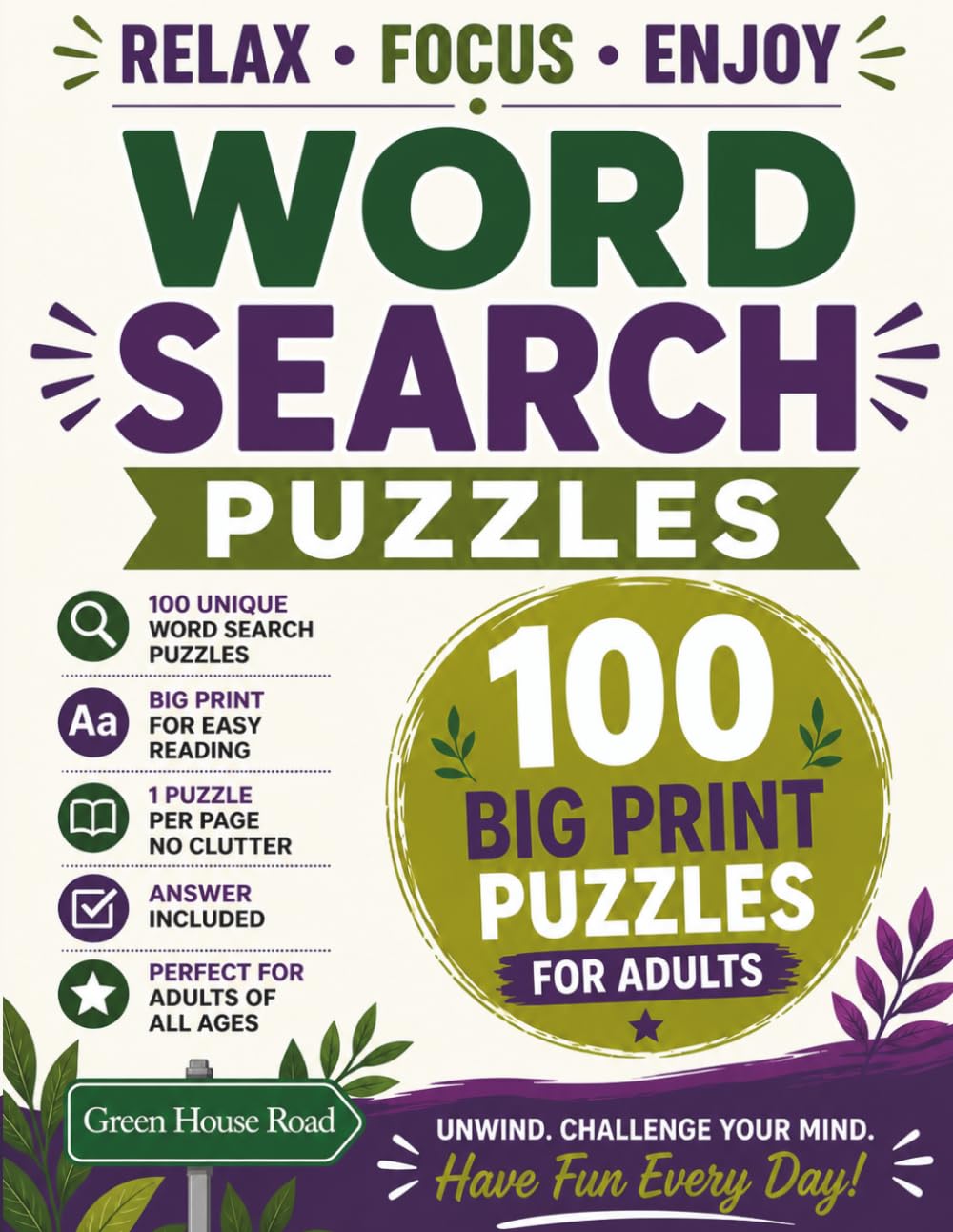WORD SEARCH PUZZLES FOR ADULTS: Big Font Puzzles | Stress Relief | Improve Focus & Memory | Answer Included