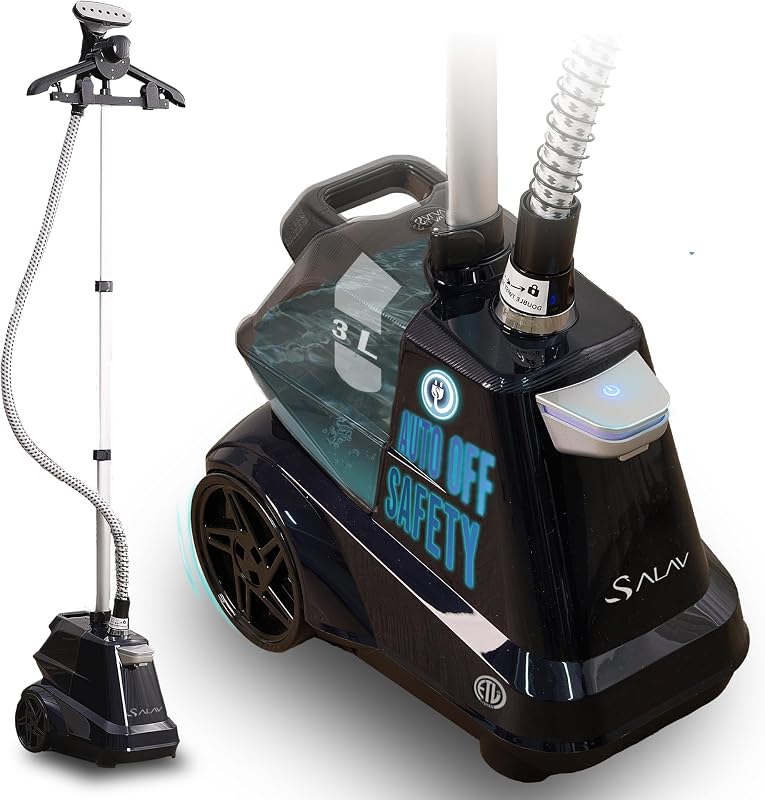 SALAV Vaporizador de ropa de pie de grado comercial para ropa con seguridad de apagado automático, potente vapor de 1800 W, tanque de agua extra grande de 3 L, uso continuo de 90 minutos, sistema de control de pedal, pitidos cuando está fuera del agua, azul marino