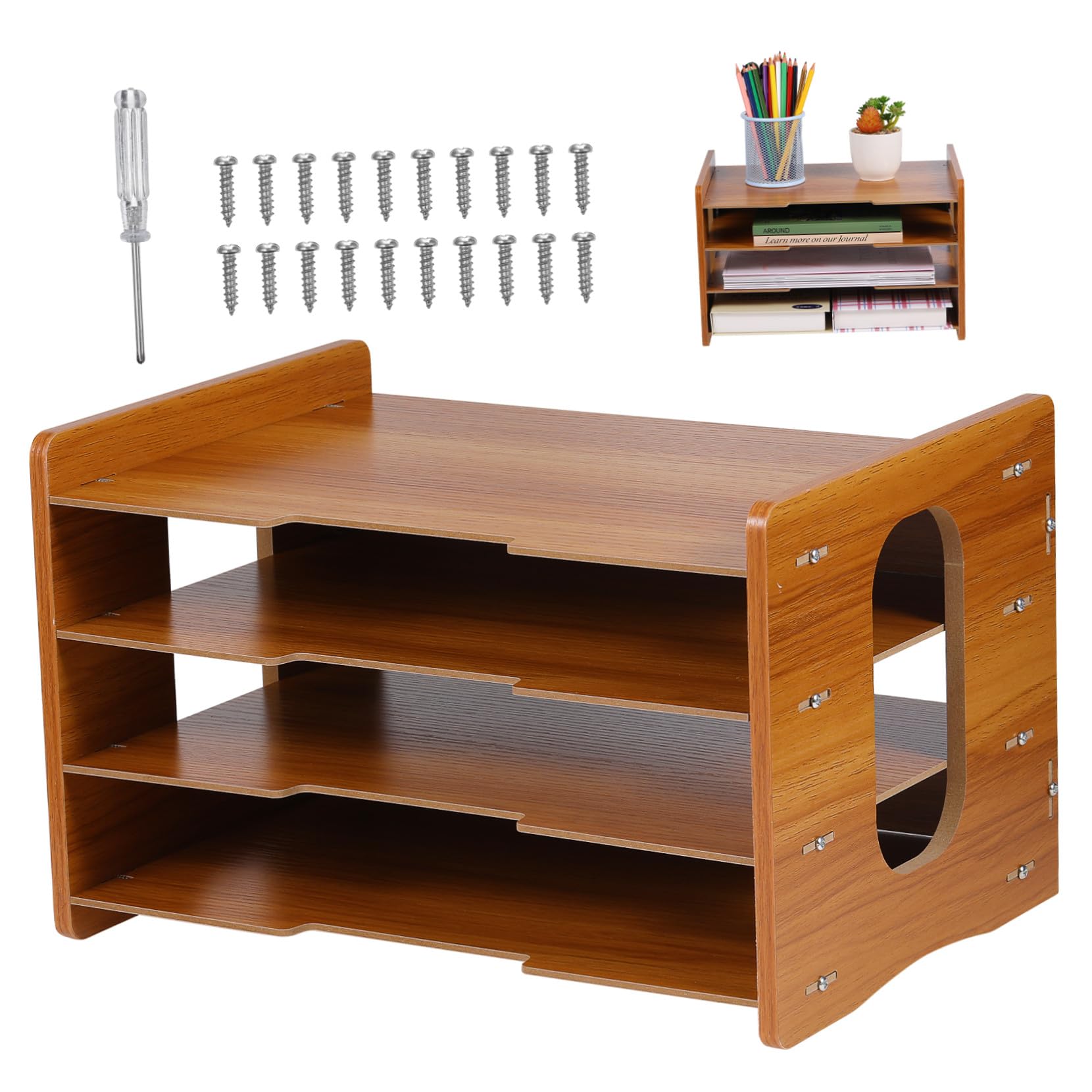 VILLCASE Organizador de Archivos de Madera Bandejas de Escritorio para Oficina Diseño Vertical 4 Capas Estructura Estable para Documentos y Papeles en Hogar u Oficina