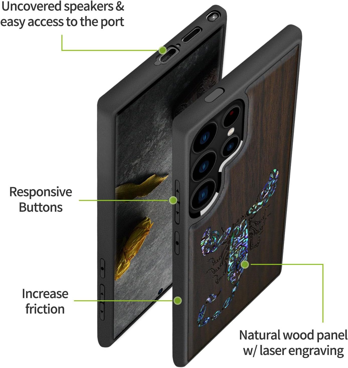 Carveit Designer Wooden Case for Samsung Galaxy S24 Ultra Case [Wood Engraving & Shell Inlay] Compatible with Wireless Chargers S24 Ultra Cover (Scorpion Tribal-Blackwood)