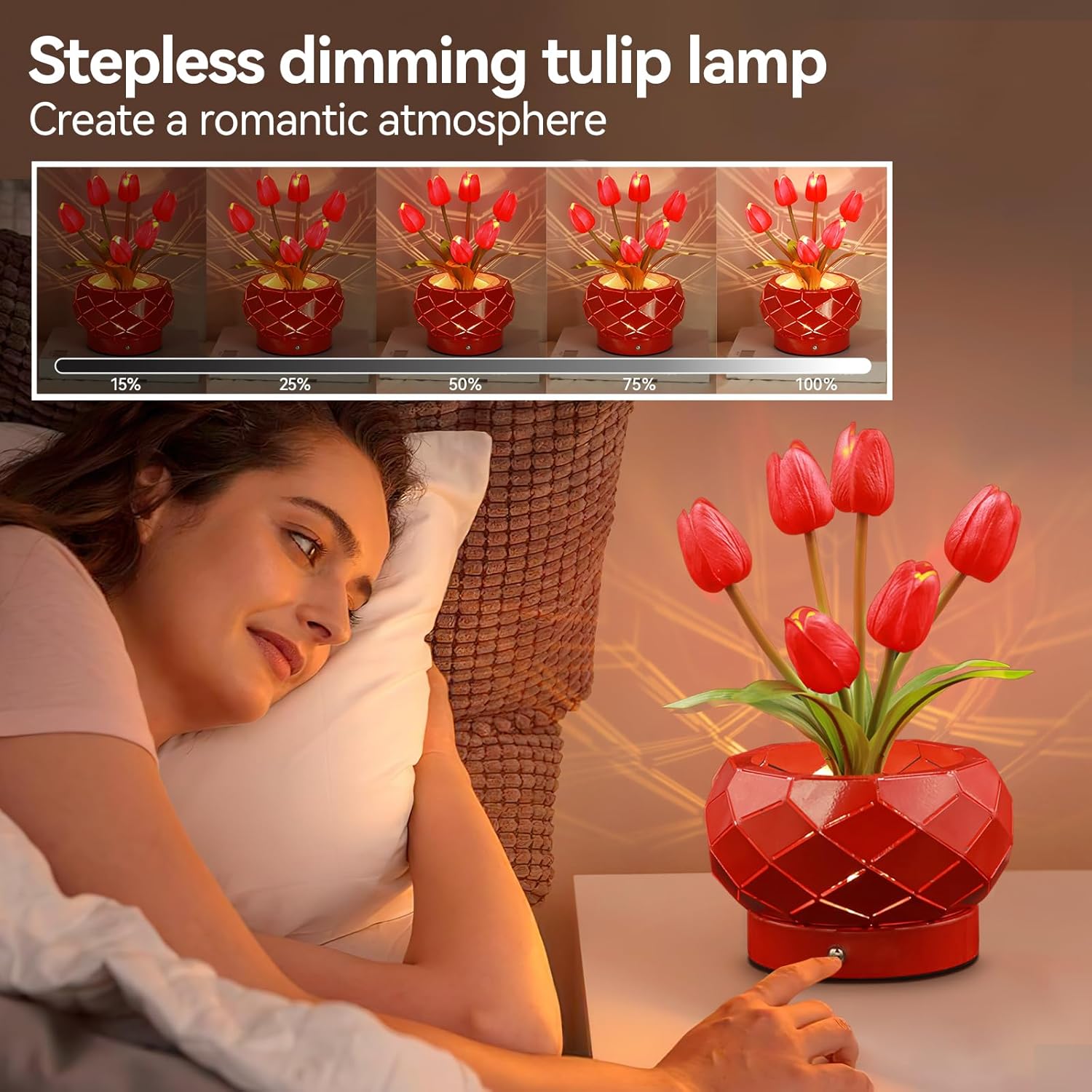 AMWGIMI Birthday Gifts for Women,Red Tulips Flower Home Decor Touch Table Lamp,3-Colour Dimming Rechargeable Cordless Small Night Light for Festival Housewarming Gifts for Mom