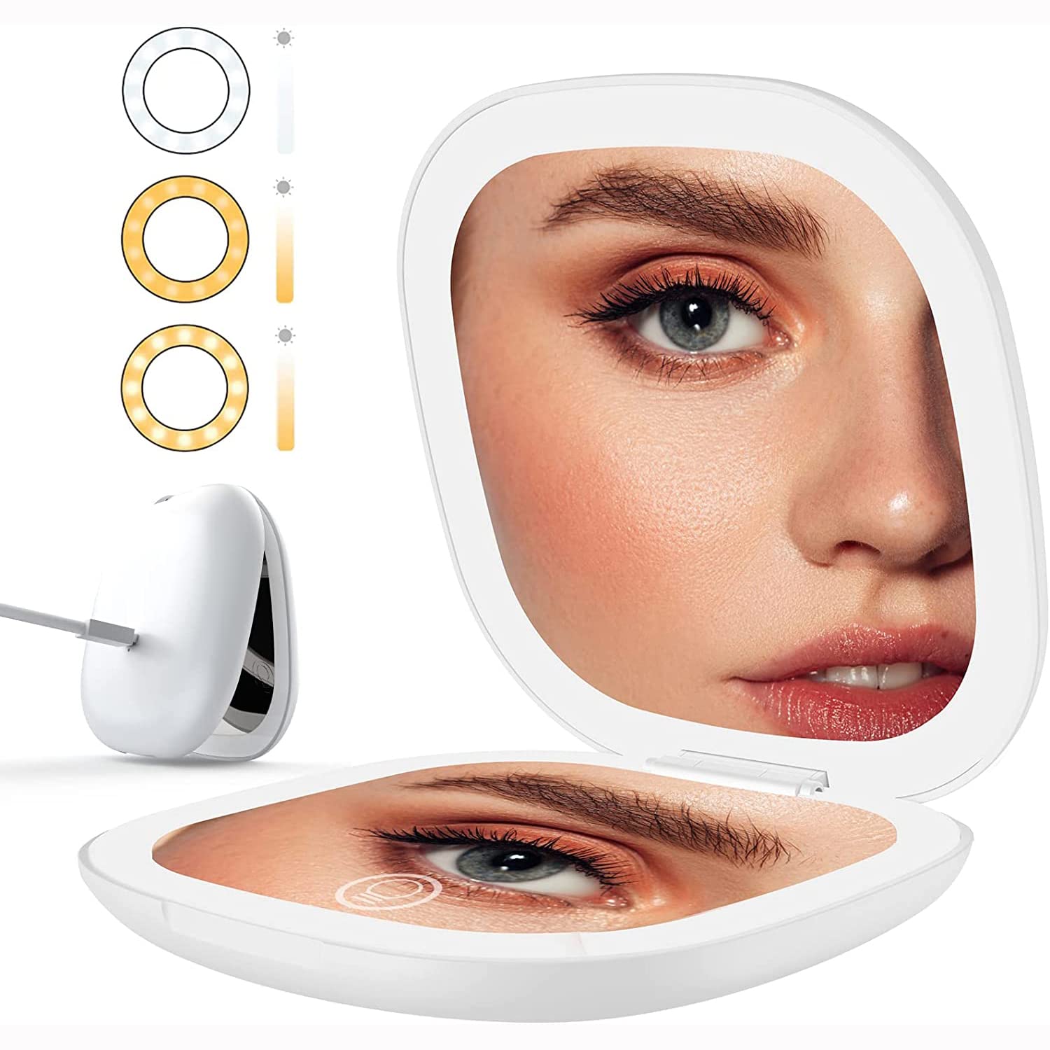 Lighted Compact Mirror for Purses,Mini Travel Magnifying Mirrors with Auto-Off Light Pocket Size Make Up Mirror for Purse Folding Rechargeable Vanity Makeup Mirror Dimmable 3 Colors for Home Office