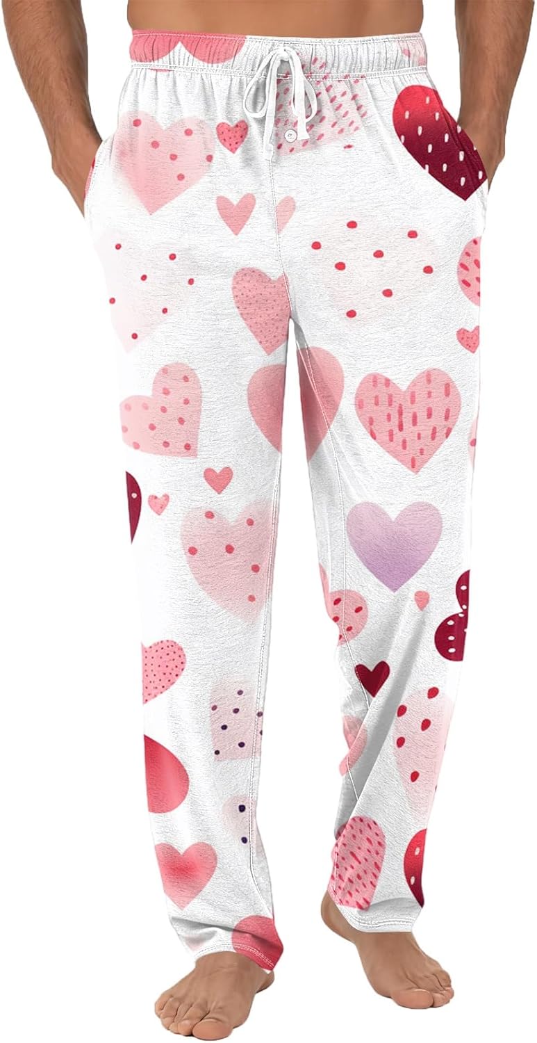 Men's Valentine's Heart Print Pajama Pants Lounge Sleep Bottoms Drawstring and Pockets PJ Pants