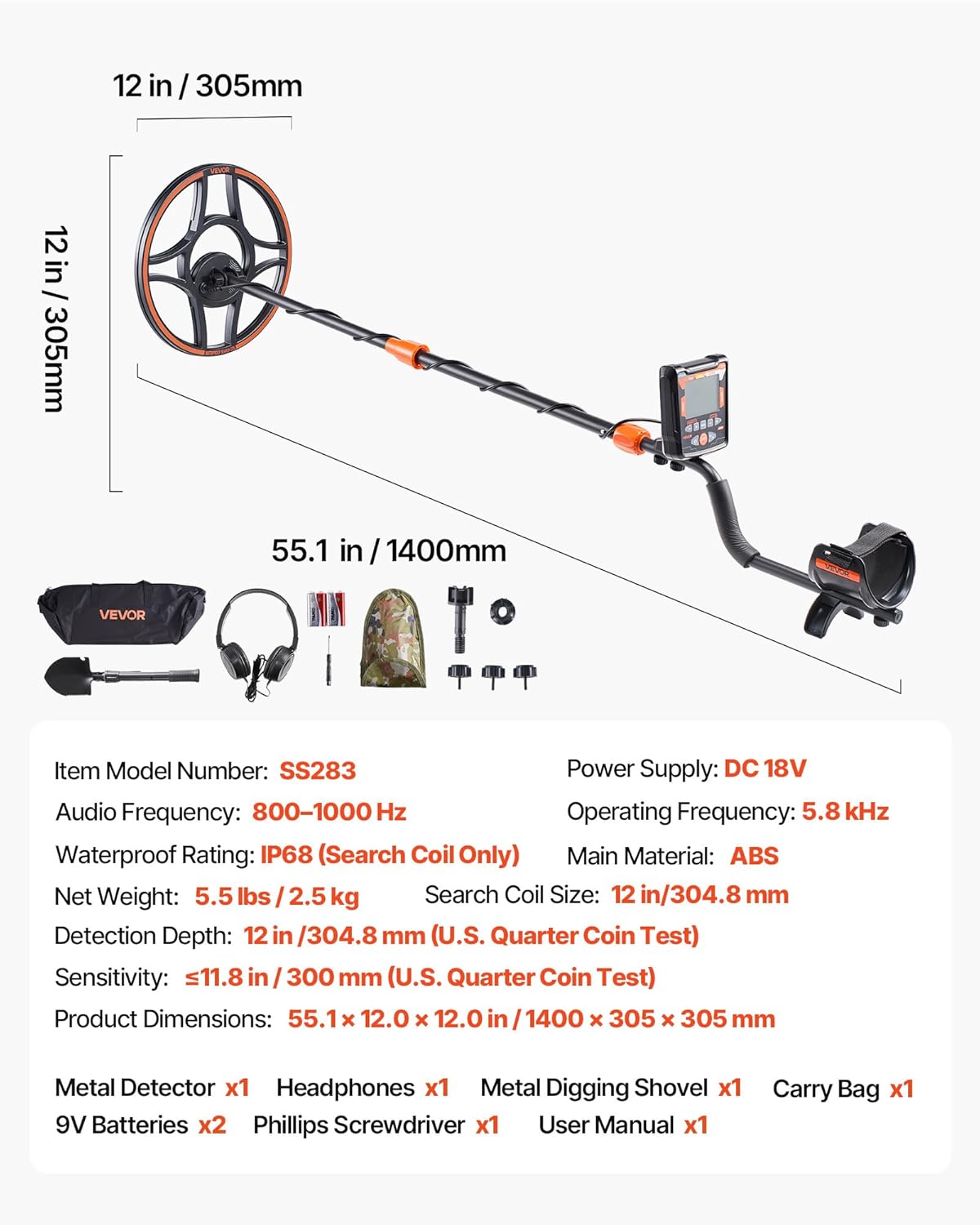 VEVOR Metal Detector SS283 package contents and dimensions