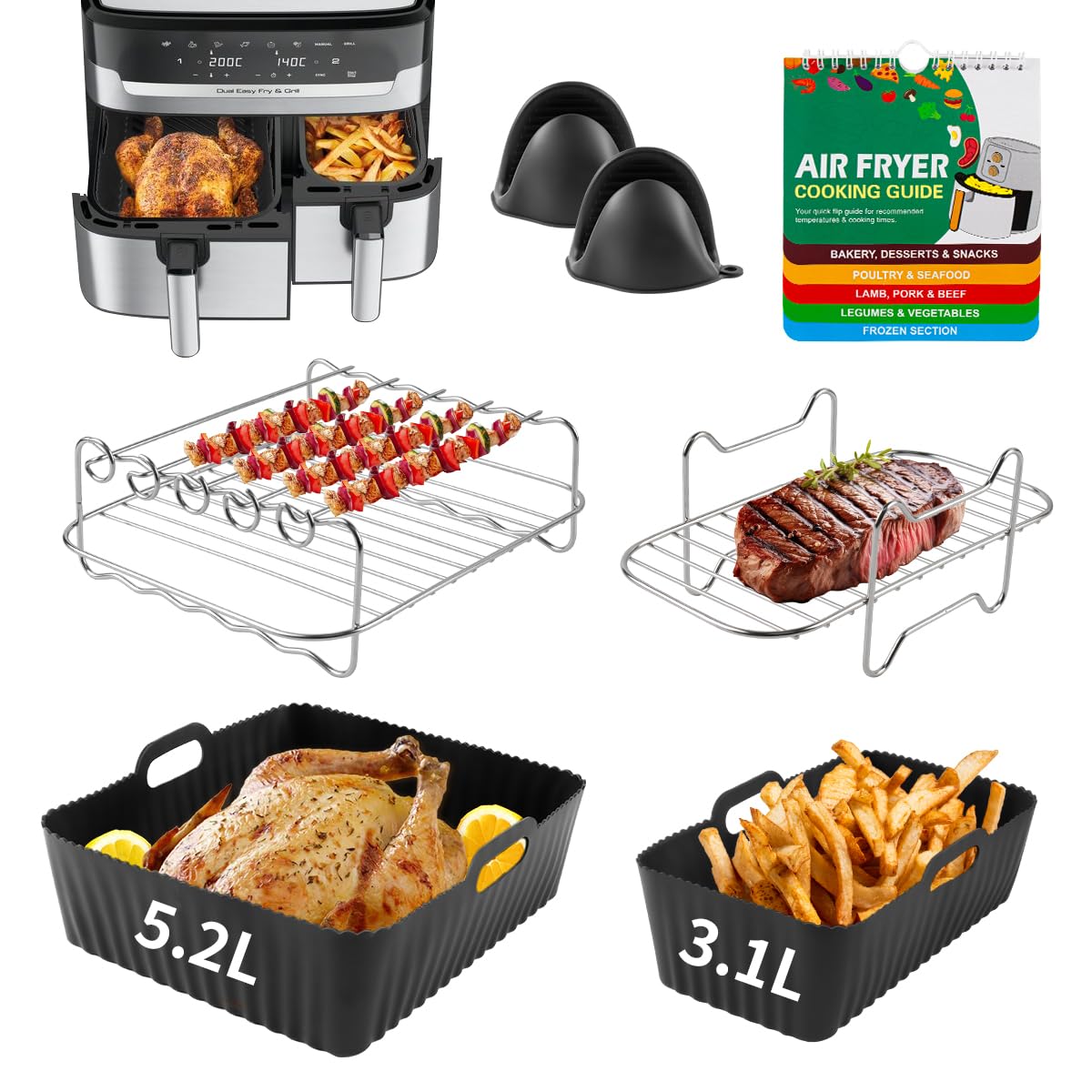 Air Fryer Accessories with Magnetic Cookbook for Tefal Easy Fry 5.2L/3.1L, for Tower T17099, for Salter EK5729, for Huddle 5L/3.5L - Different Size Dual Drawer Air Fryer Silicone Liners - Black