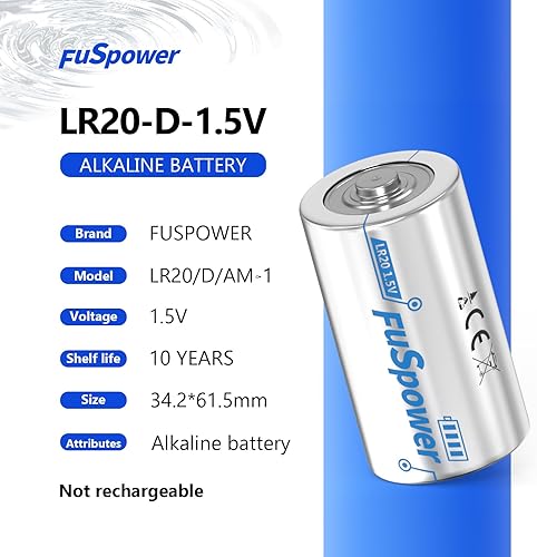 Miniatura 2 de Fuspower D Cell Batteries - Pilas alcalinas LR20 de 1.5 V con energía de larga duración para linterna, reloj y linterna (4 unidades (paquete de 1))