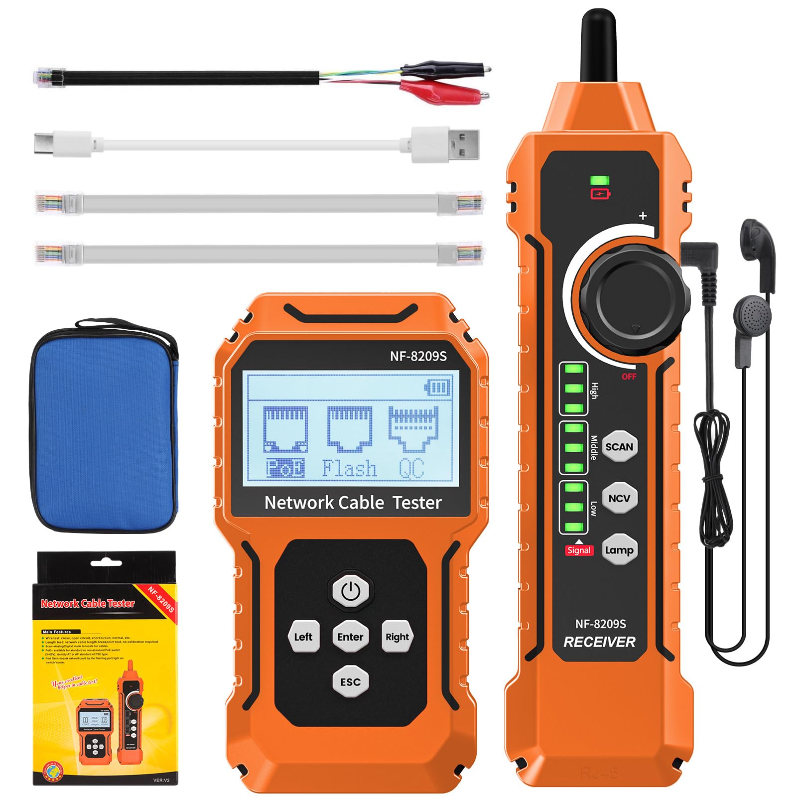 NF-8209S Netzwerkkabeltester mit PoE, Kabellängenmessung, Port-Blinkfunktion, RJ11/RJ45-Kabeltester, CAT5/CAT6-LAN-Netzwerktester, multifunktionale Anti-Interferenz-Scanmodi, Kabelverfolgung