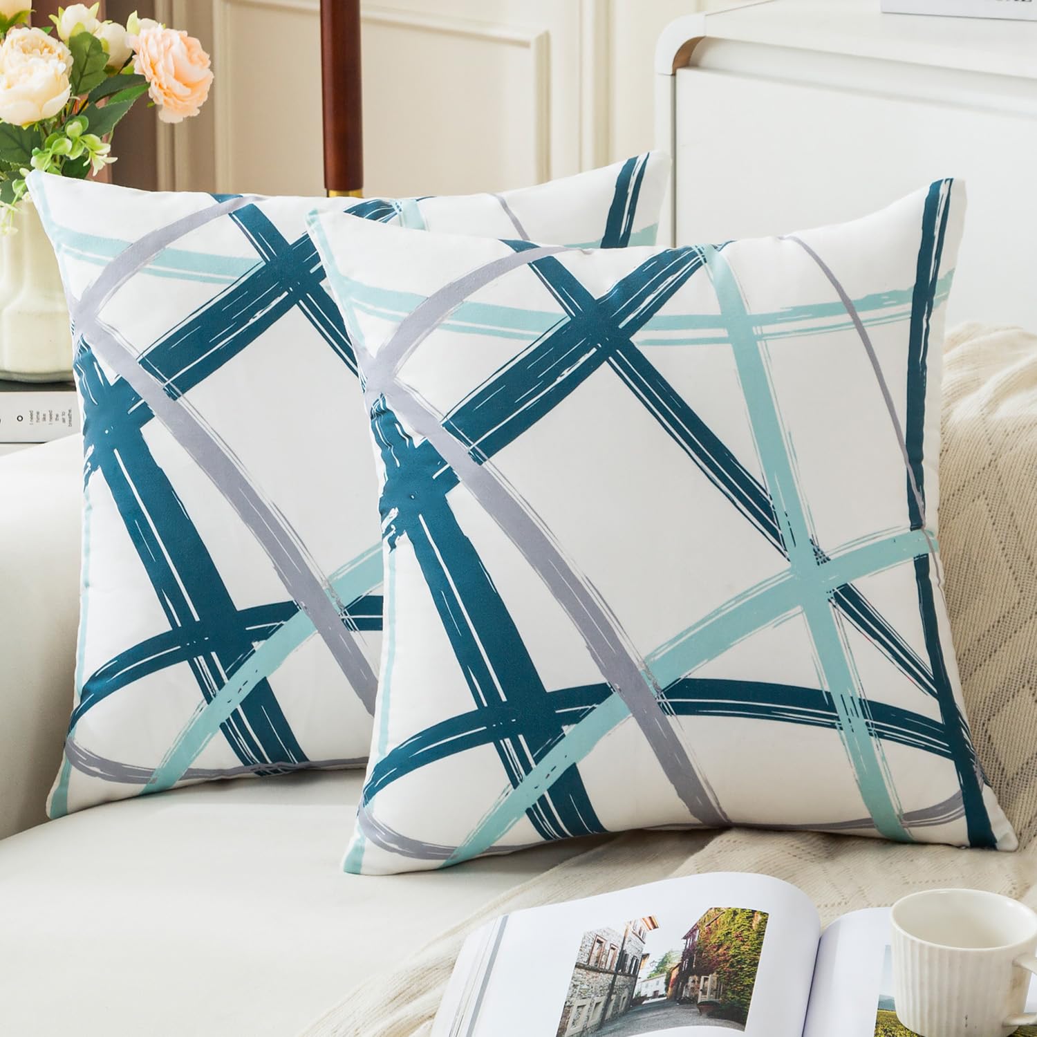 Jayusaror Cushion Covers Sofa Set 2 Covers 50 x 50 Teal Turquoise Grey Covers Cushions Home Decor Velvet Geometric Pillows for Sofa, Bed, Bedroom, Living Room