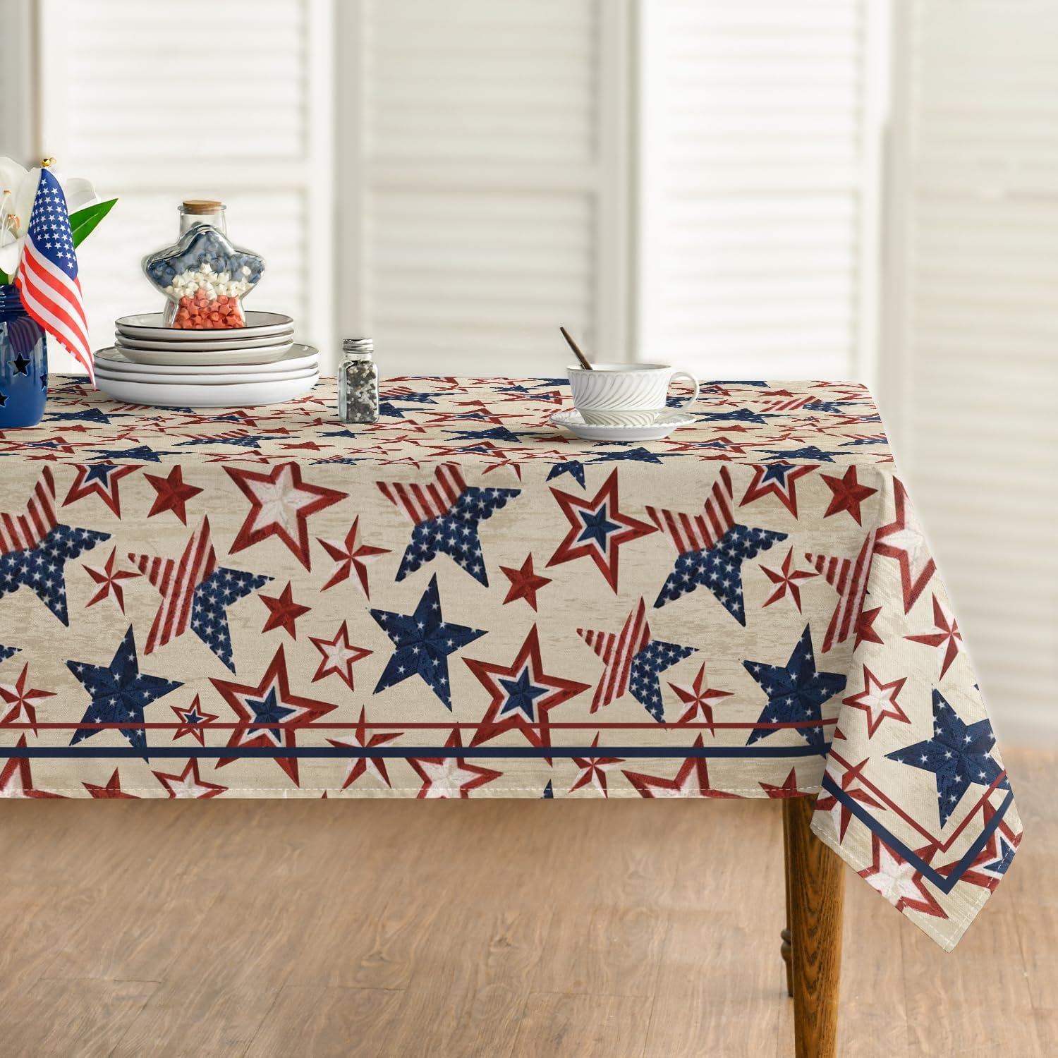 Horaldaily 4th of July Rectangular Tablecloth 60×120 Inch, Patriotic Memorial Day Navy Blue Red Star Independence Day Washable Table Cover for Party Picnic Dinner Decor