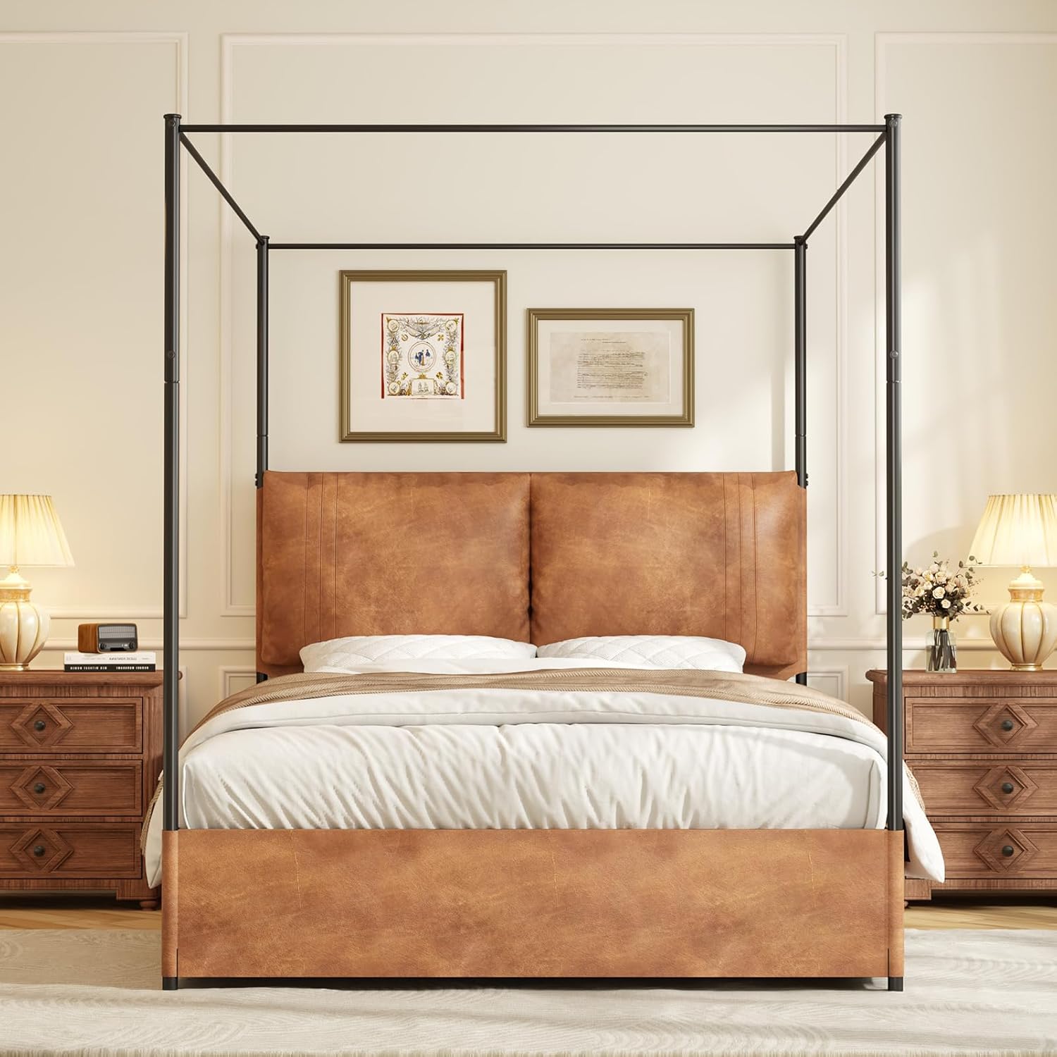 Modern Canopy Bed Frame with Upholstered Faux Leather Headboard – Tall Four Poster Metal Platform Bed, No Box Spring Needed, Queen Size, Brown and Black