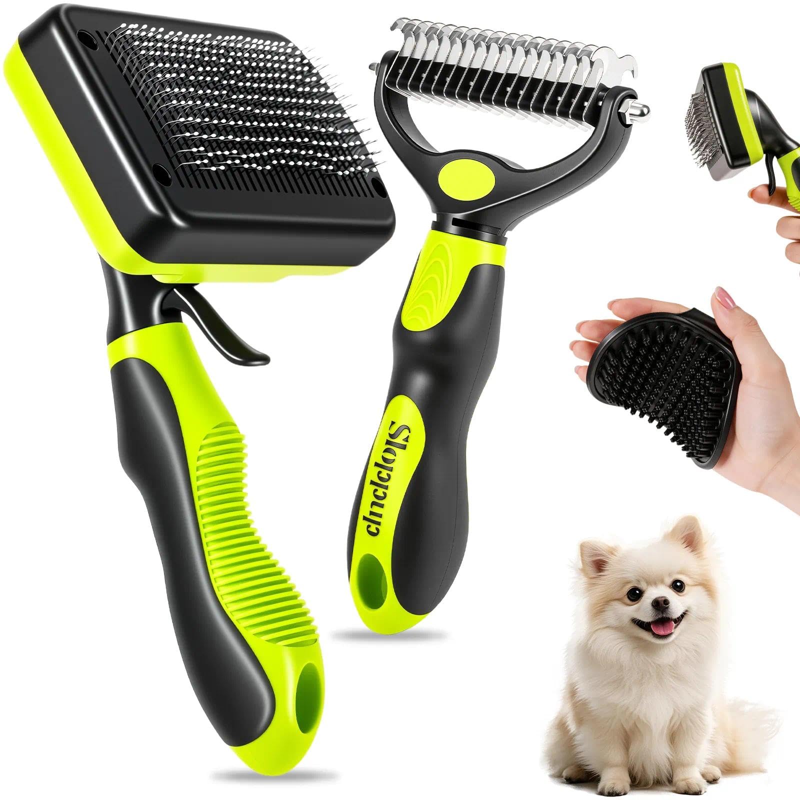 Set of 3 Pieces Brush for Dogs and Cats, Deslator Brush with Button & Double Comb & Massage Glove with Flexible Tines for Detangling and Combing Pets for Long and Short Hair