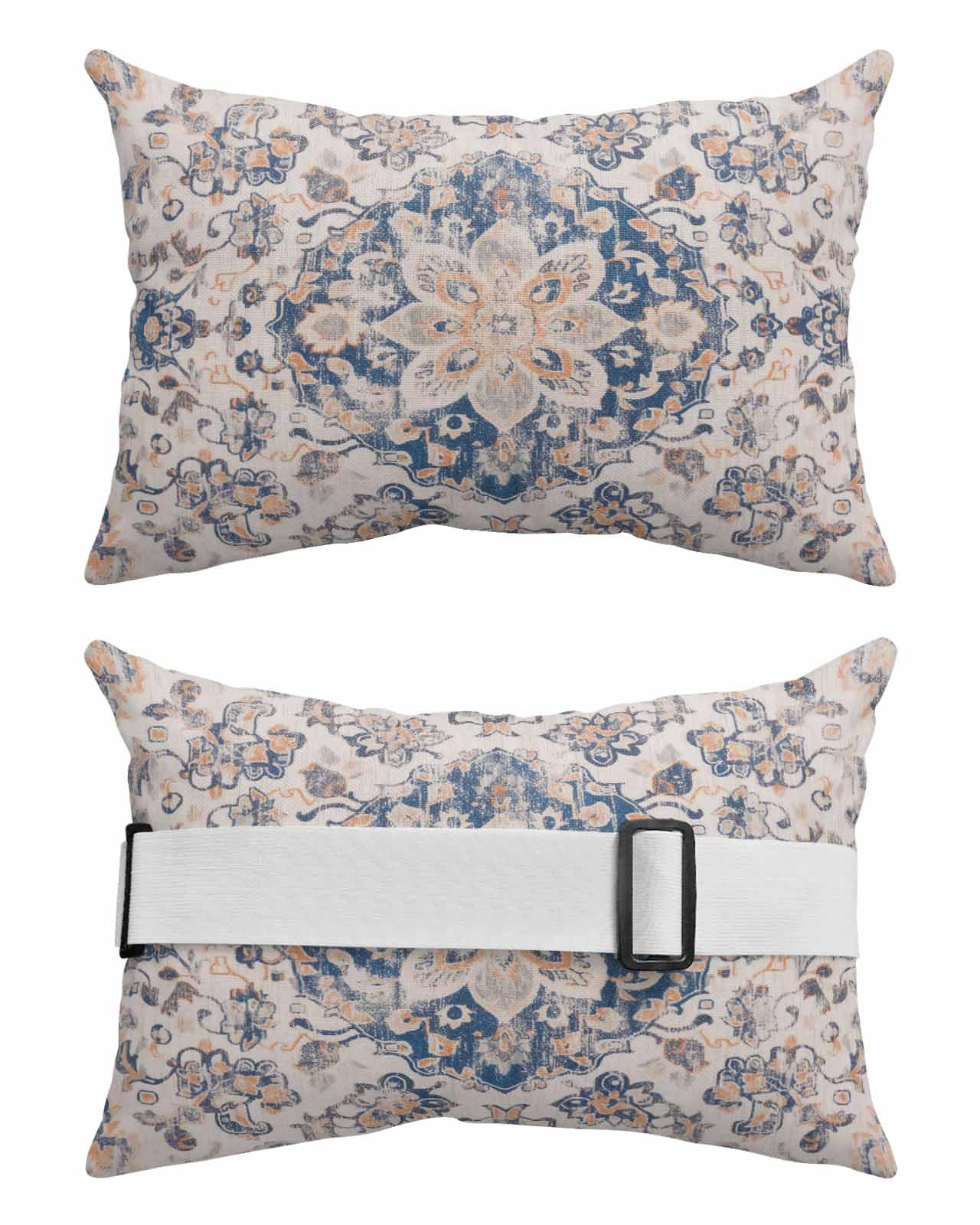 Blue Boho Floral Outdoor Beach Pool Chaise Lounge Chair Head Throw Pillow Covers 12x20 With Insert And Elastic Stripe Set of 1,Lumbar Cushion Pillow Cases,Vintage Traditional Oriental MAndala Tribal