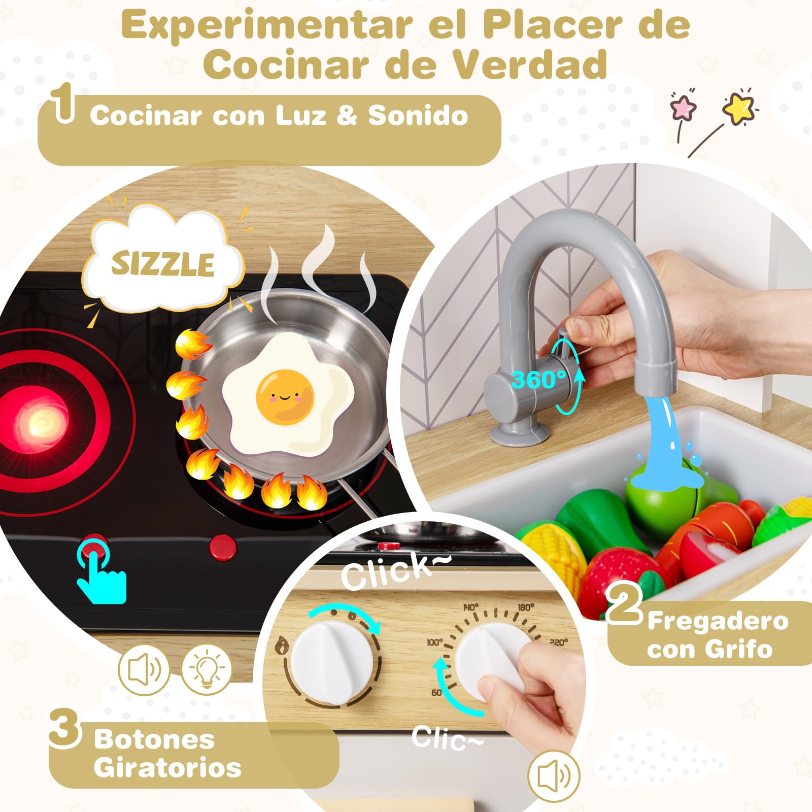 GOPLUS Juego de Cocina para Niños, Set de Cocina de Imitación con Luces y Sonidos, Estufa, Horno, Fregadero, Grifo, Microondas, Utensilios de Cocina, Juguete de Cocina de Madera (Blanco)