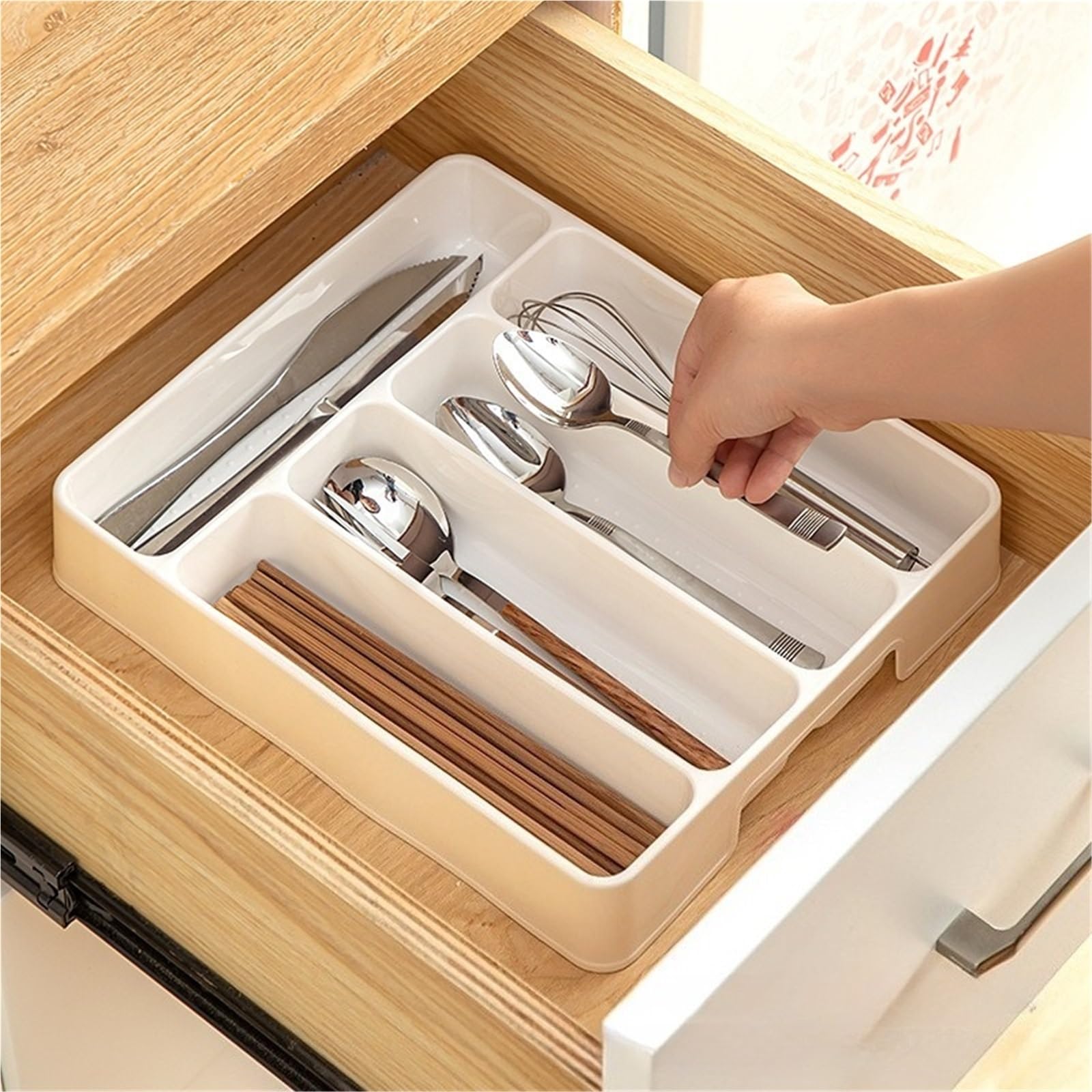 Lot de 2 organisateurs tiroir cuisine avec séparateurs réglables, boîte rangement for ustensiles (couteaux, fourchettes, cuillères, baguettes), plateau intégré Pour Ustensiles(Black,17.7x27x4.5cm)