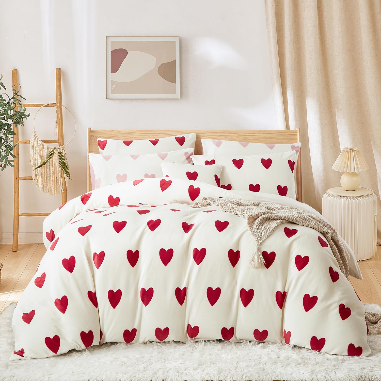 Flanell Bettwäsche 140x200 Herzen Rot Weiß Herz Winter Warm Biber Plüsch