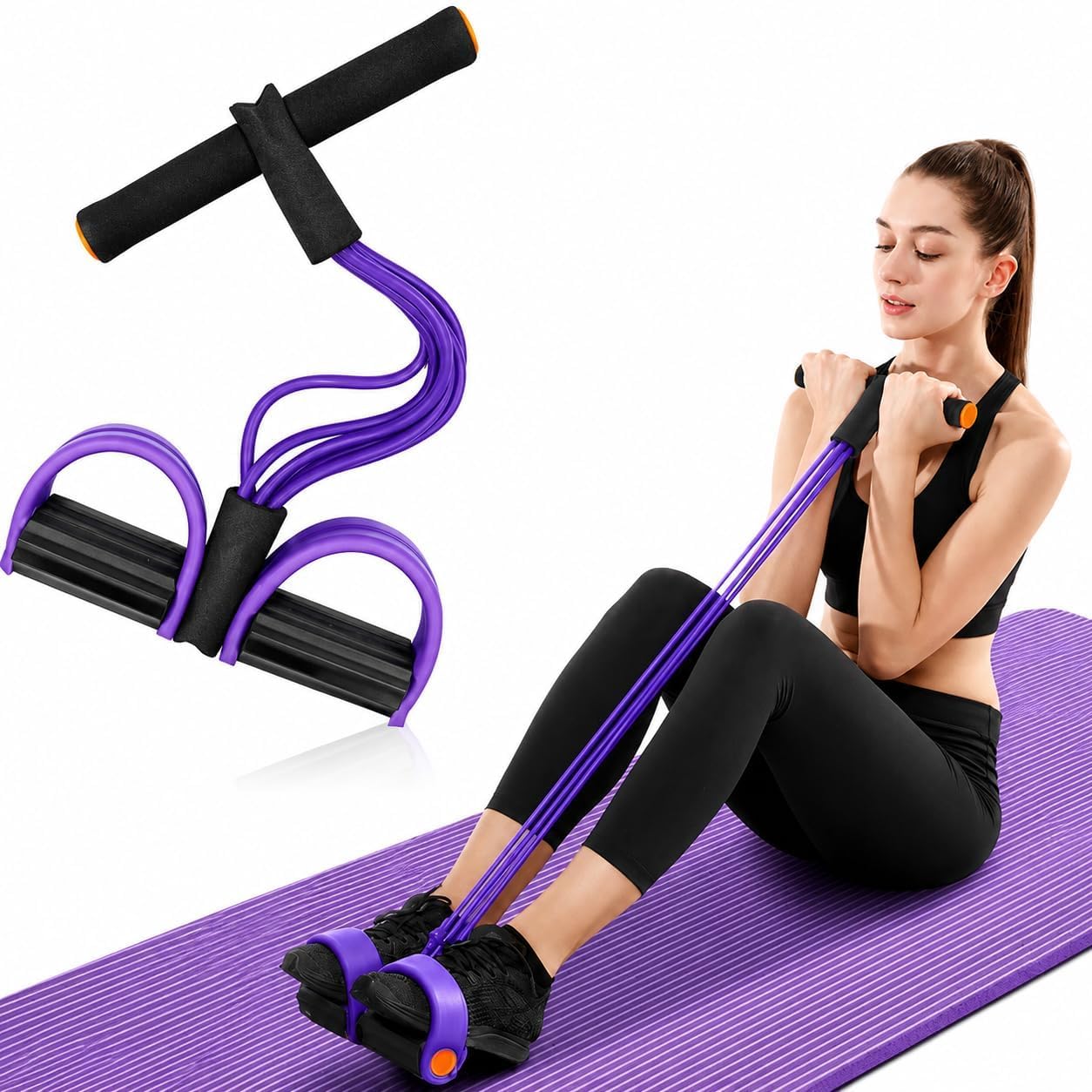 Resistance Band with Pedal, 4 Tube Natural Rubber Pull Reducer for Home Workout, Yoga, Pilates, Full Body Exercise Equipment for Abs, Arms, Legs & Core, Women, Multicolor(Set of 1)-image-17