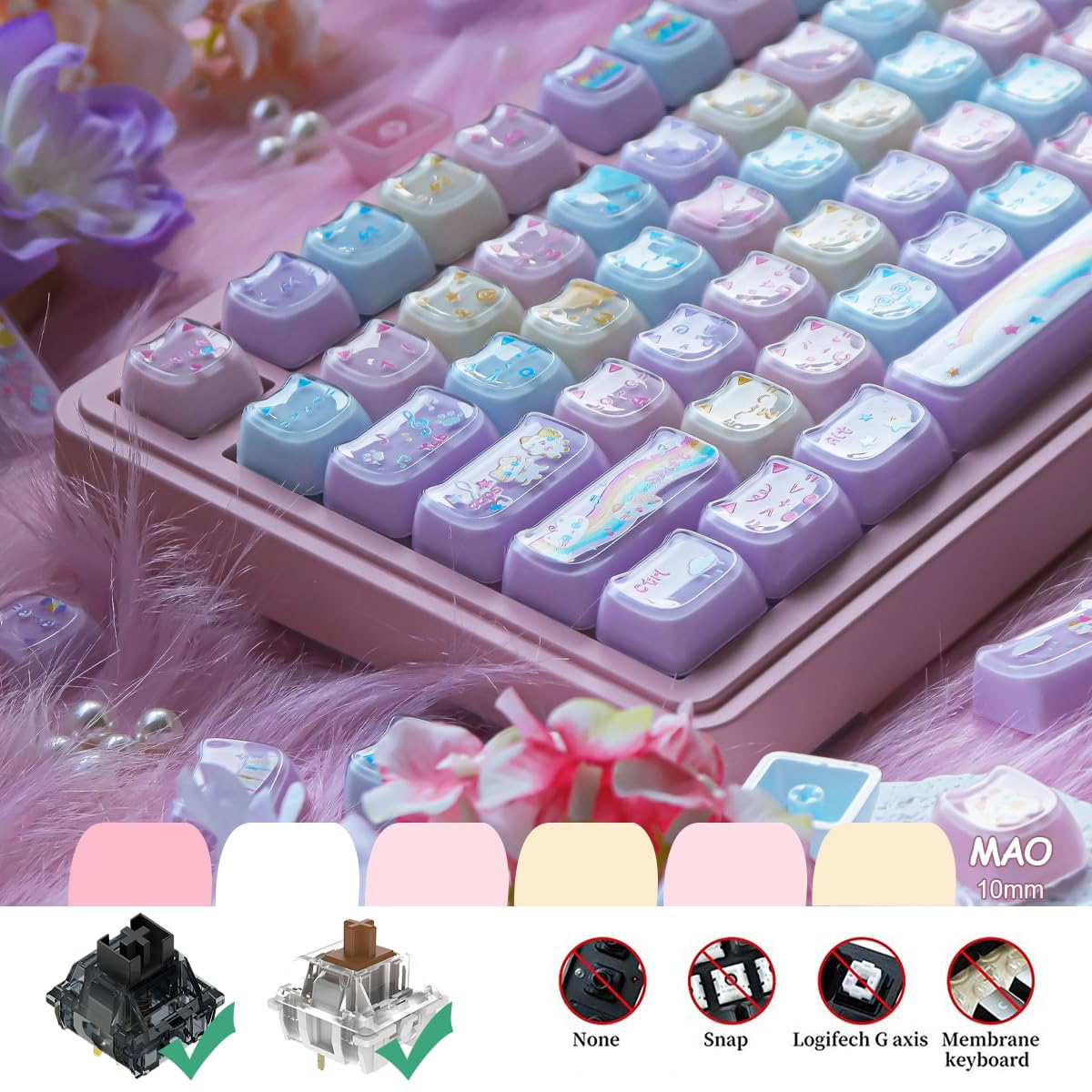 Crystal Jelly Cat Keycaps, 131 klawiszy Double Shot Translucent Cute Keycaps, Mao Profile Custom Keycap for Cherry Gateron MX Switches Mechanical Keyboard