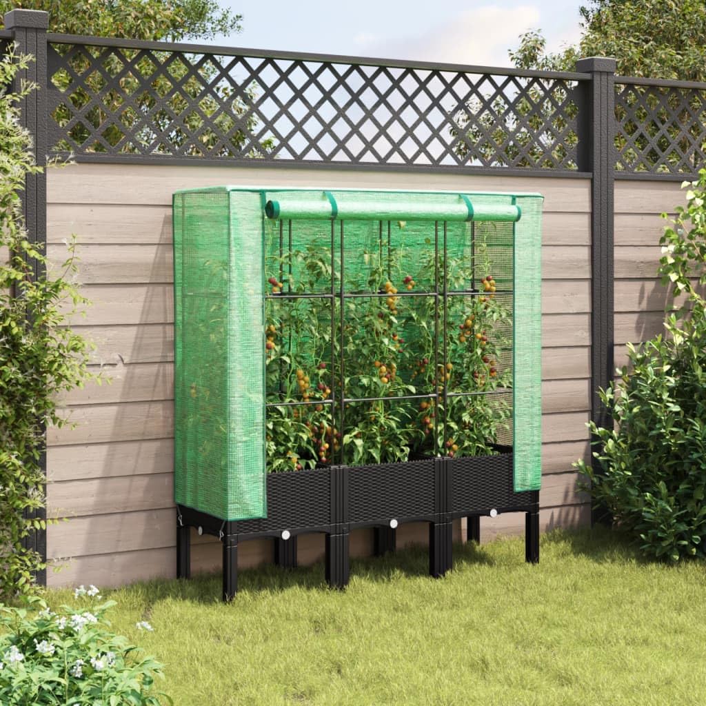 Bancal alto con accesorio de jardín con aspecto de ratán, 120 x 40 x 140 cm | Tubo de polipropileno y hierro, cubierta impermeable, ventilación con cremallera, para balcón y jardín