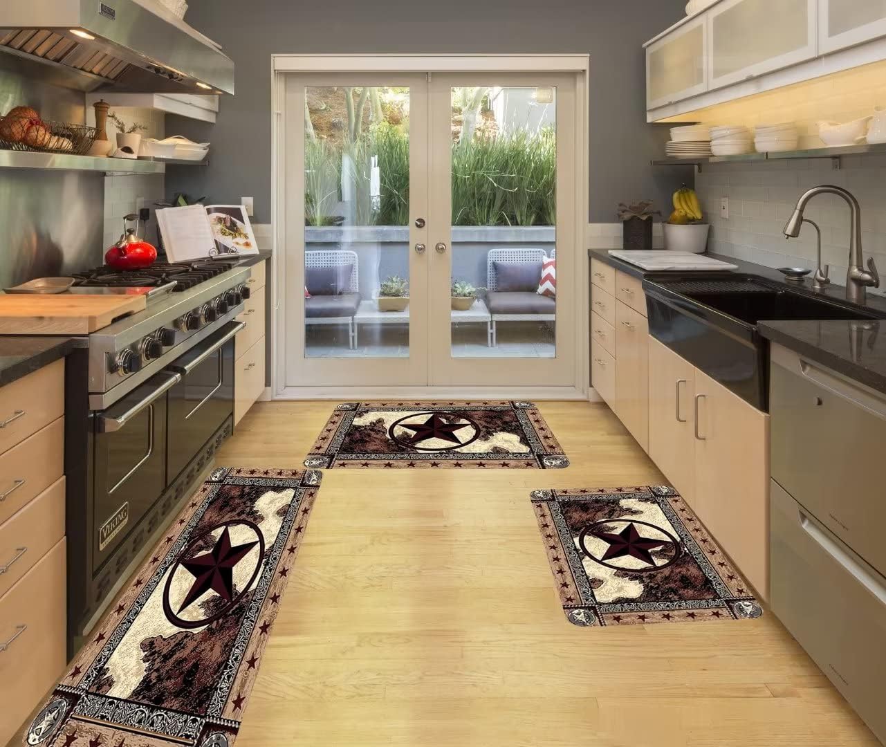 Western Kitchen Rug Sets 3 Piece Texas Star on Wood Panel Rustic Country Comfort Mat Farmhouse Vintage Floor Mats Washable Doormat Anti Fatigue Non-Slip Kitchen Runner Rugs Bedroom Area Carpet,Brown - Image 2