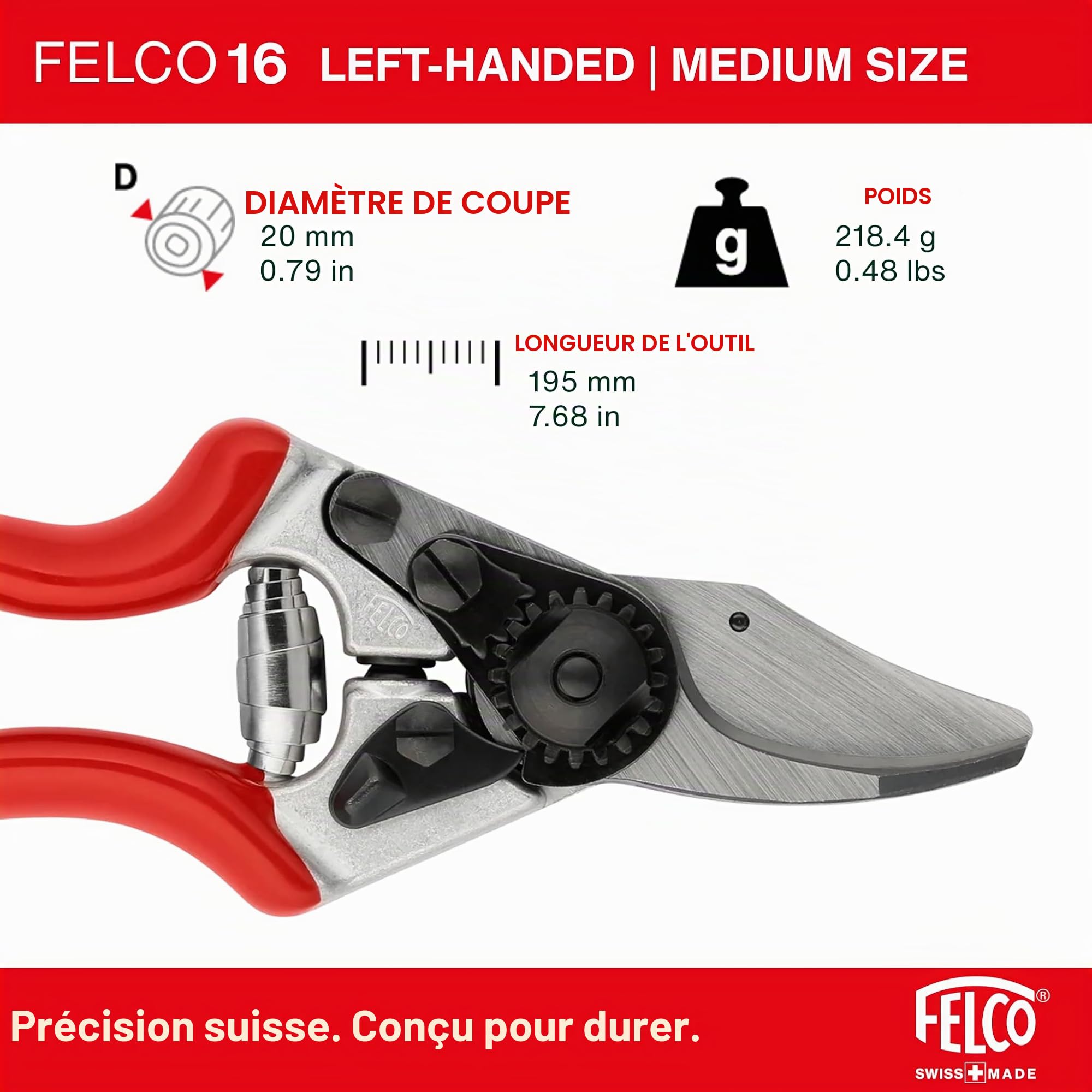 FELCO 16 sécateur gaucher main moyenne pour le jardin, coupe 20 mm
