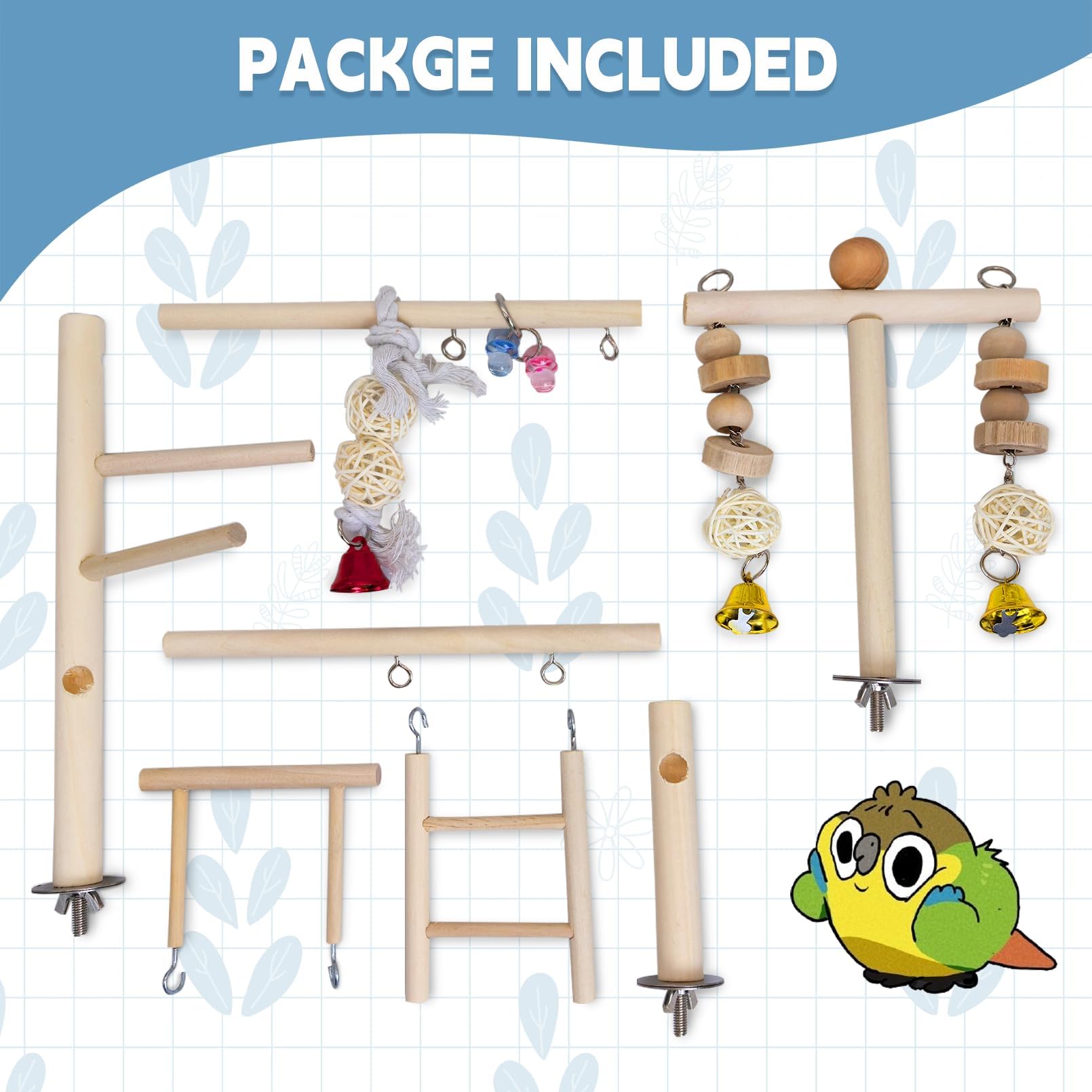 PINVNBY Parque Infantil para pájaros, Loros, Gimnasio, Jaula para periquitos, Soporte de Madera para corralito, escaleras para Masticar, Escalar, Juguete de Jaula de pájaros, Accesorios para cacatúa,