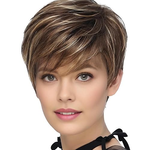 TISHINING Pixie Cut Brown Short Hair Wigs for White Women