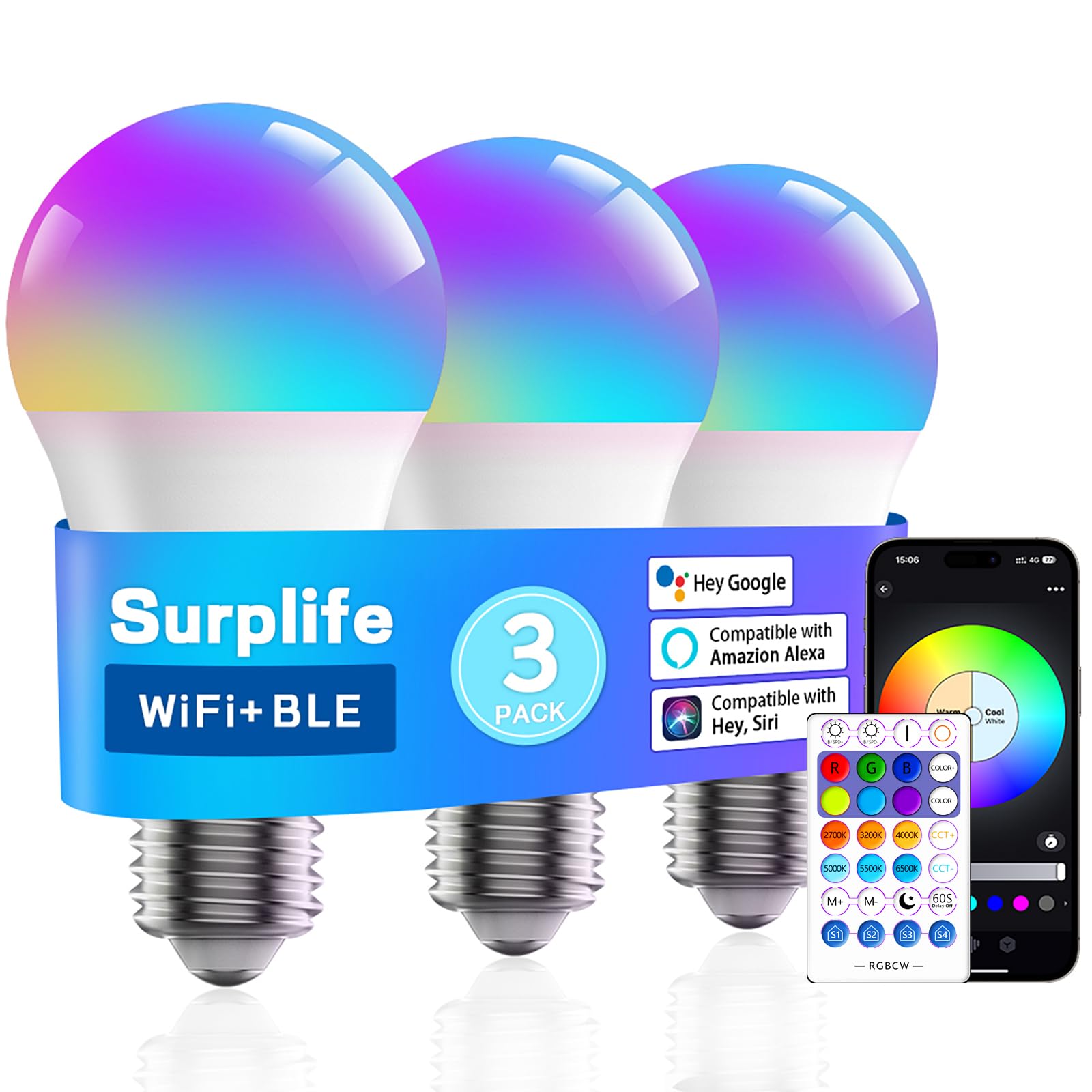 OKALUMI スマート電球 E26 LED電球 調光調色 9W 800lm超明るい スマートライト Alexa対応 電球 Google Home対応 電球色・昼白色・虹色対応 1600万色RGB 音楽同期 間接照明 クリスマス スマートでんきゅう 3個入【適格請求書発行可】