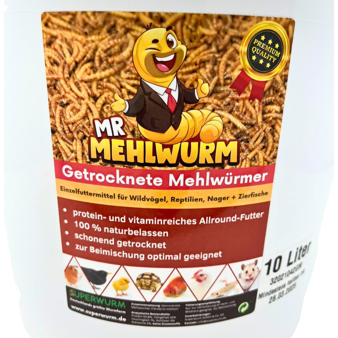 Mr. Mehlwurm 10 Liter getrocknete Mehlwürmer im Eimer (ca. 1,6 kg)- getrocknete Insekten - Top Premium Qualität, GRATIS Versand mit DHL - Futter Snack