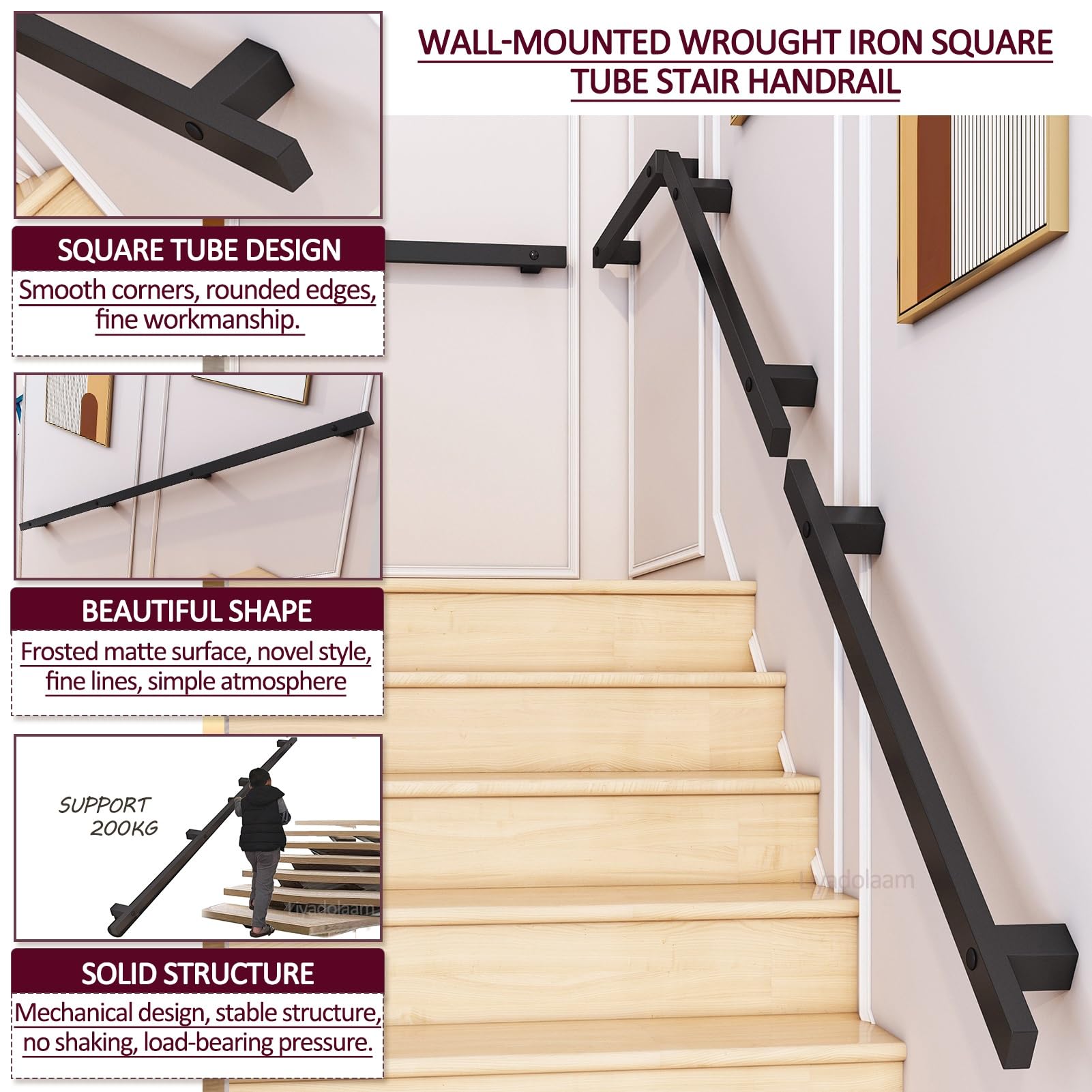 Modern Black Stair Handrail Kit – 6ft Galvanized Iron Square Tube, Wall Mount With 200kg Brackets, Indoor/Outdoor For Steps, Porches, & Commercial Spaces