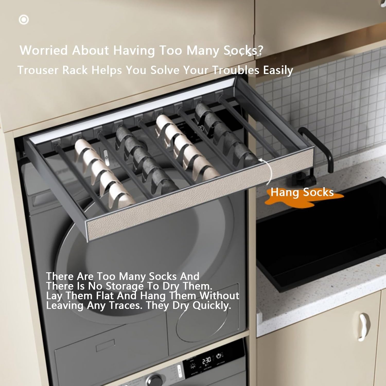 Pull Out Pants Drawer Hidden Drying Rack - Space Saving Under Cabinet Organizer, Built-in Wardrobe Basket for Washing Machine (Gray, 814-864mm)