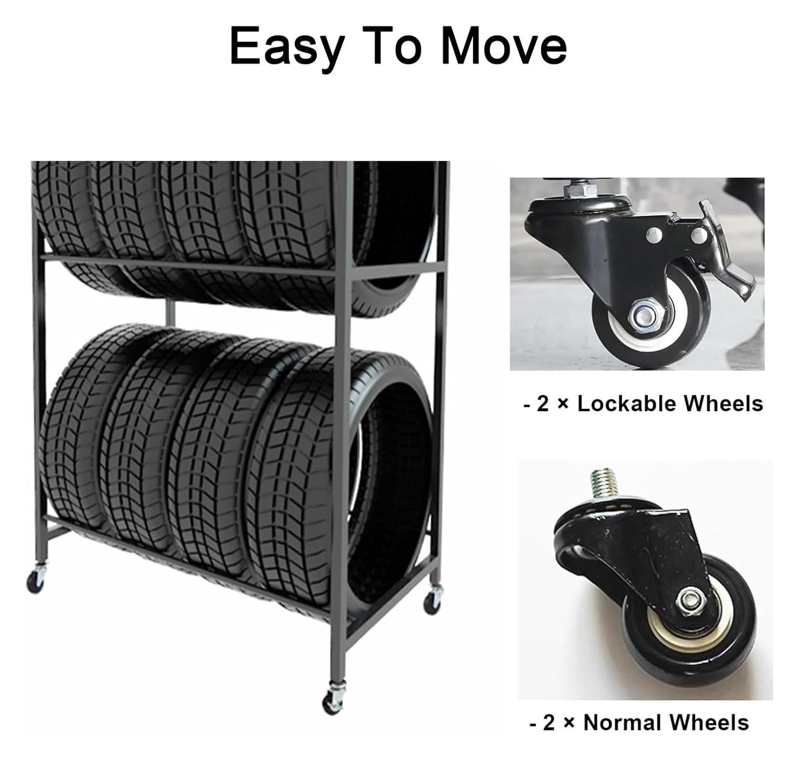 Estante de almacenamiento de neumáticos con ruedas de alta resistencia - Carro móvil for estantes de neumáticos de garaje con 4 ruedas - Fácil instalación, 68x50x128cm for organización de neumáticos