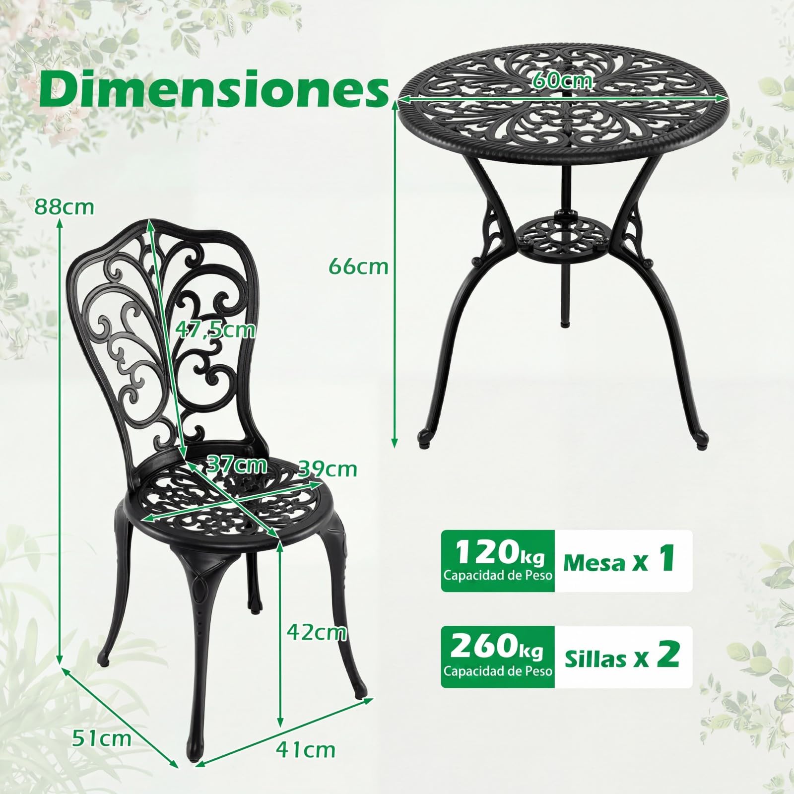 GOPLUS Conjunto de Bistró para Exteriores de 3 Piezas, Juego de Mesa y 2 Sillas de Aluminio Fundido para Todo Tipo de Clima con Agujero para Sombrilla, Juego de Muebles para Jardín (Mariposa)