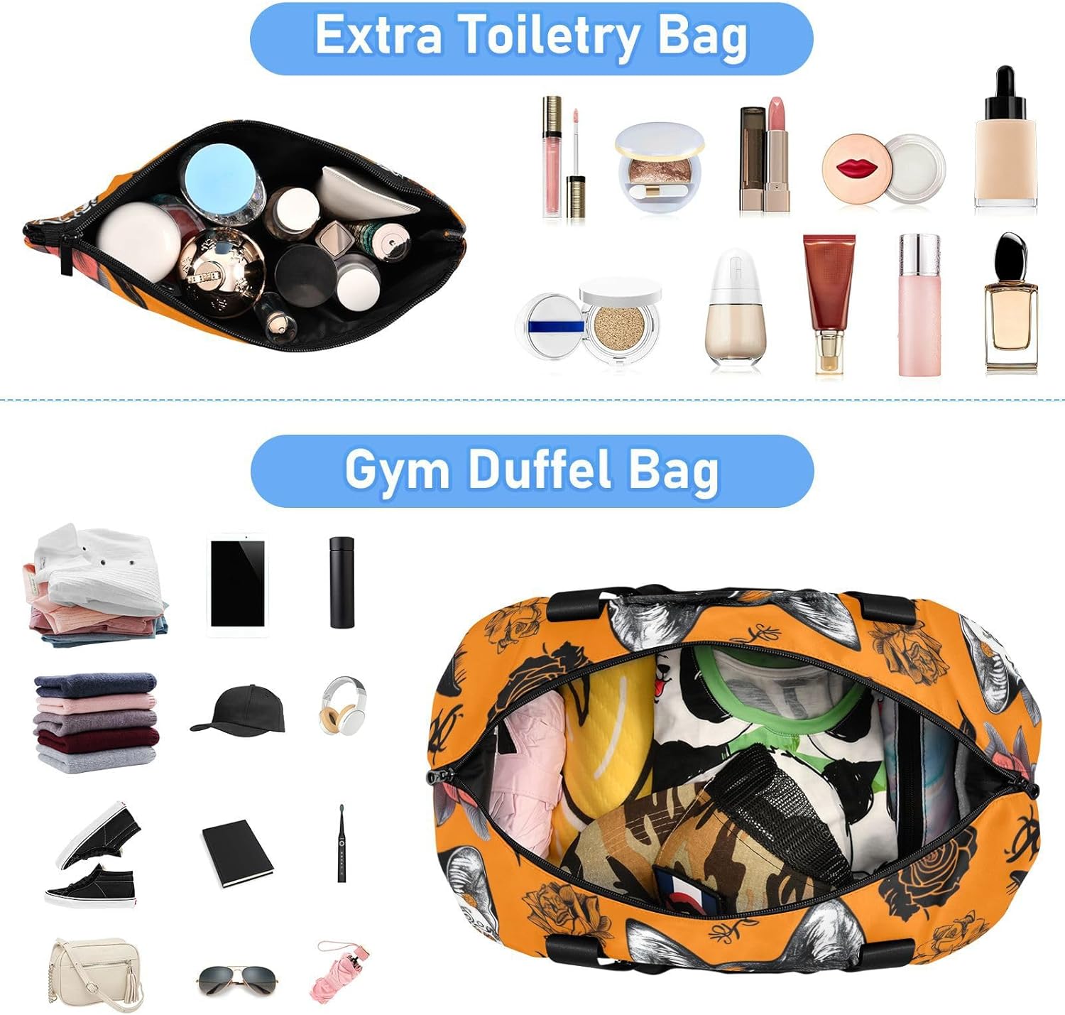 Gothic Skeleton Cat Sports Tote Gym Bag Sport Training Bag with Toiletry Bag for Yoga Large Capacity